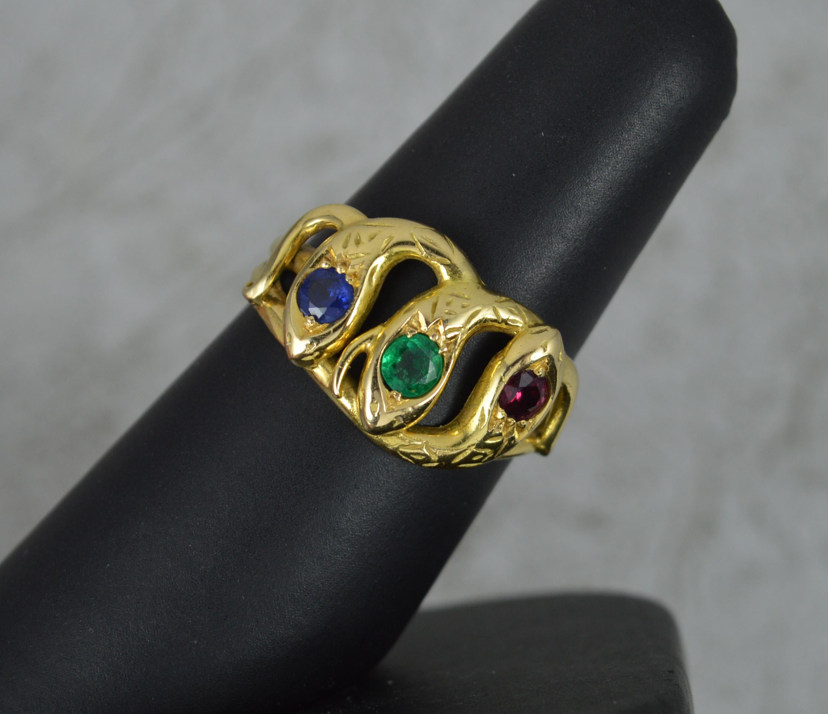Triple Snake 18 Carat Gold Ruby Sapphire Emerald Set Ring In Excellent Condition In St Helens, GB