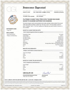 Triple Split Shank Gold Band Baguette Diamond Baguette Sapphire Pave Diamond