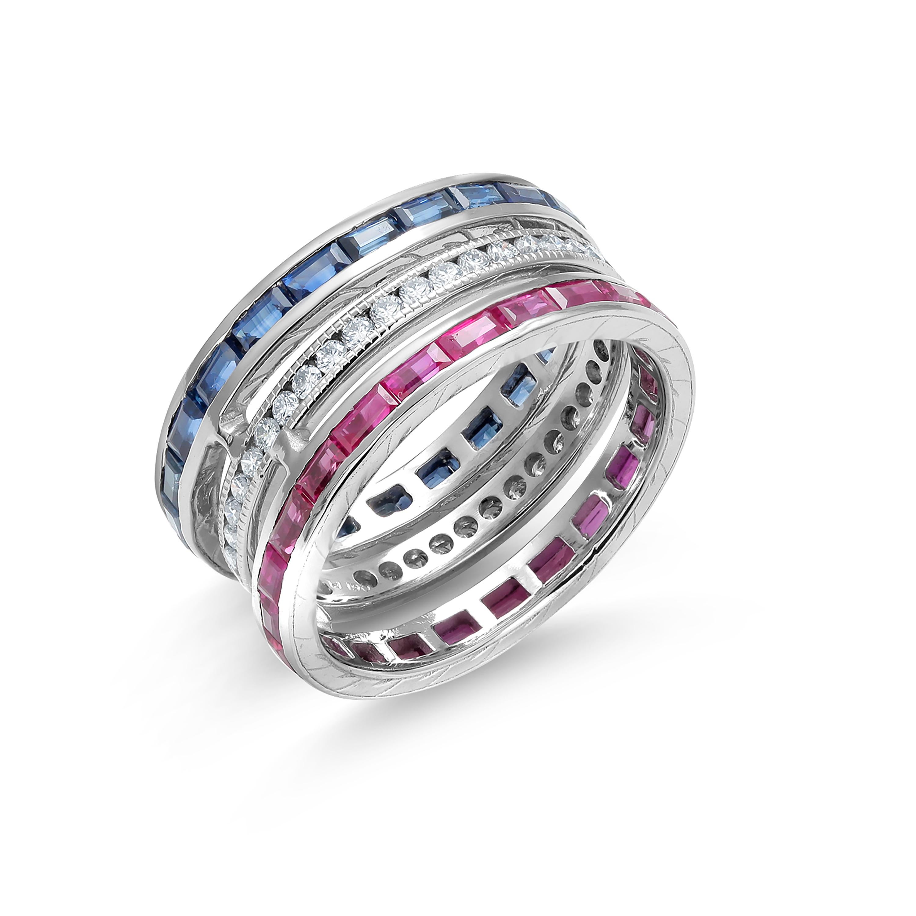 Contemporary Triple Stacking Bands Ruby Diamond Sapphire 3.80 Carat 9.4 Millimeter Wide Ring