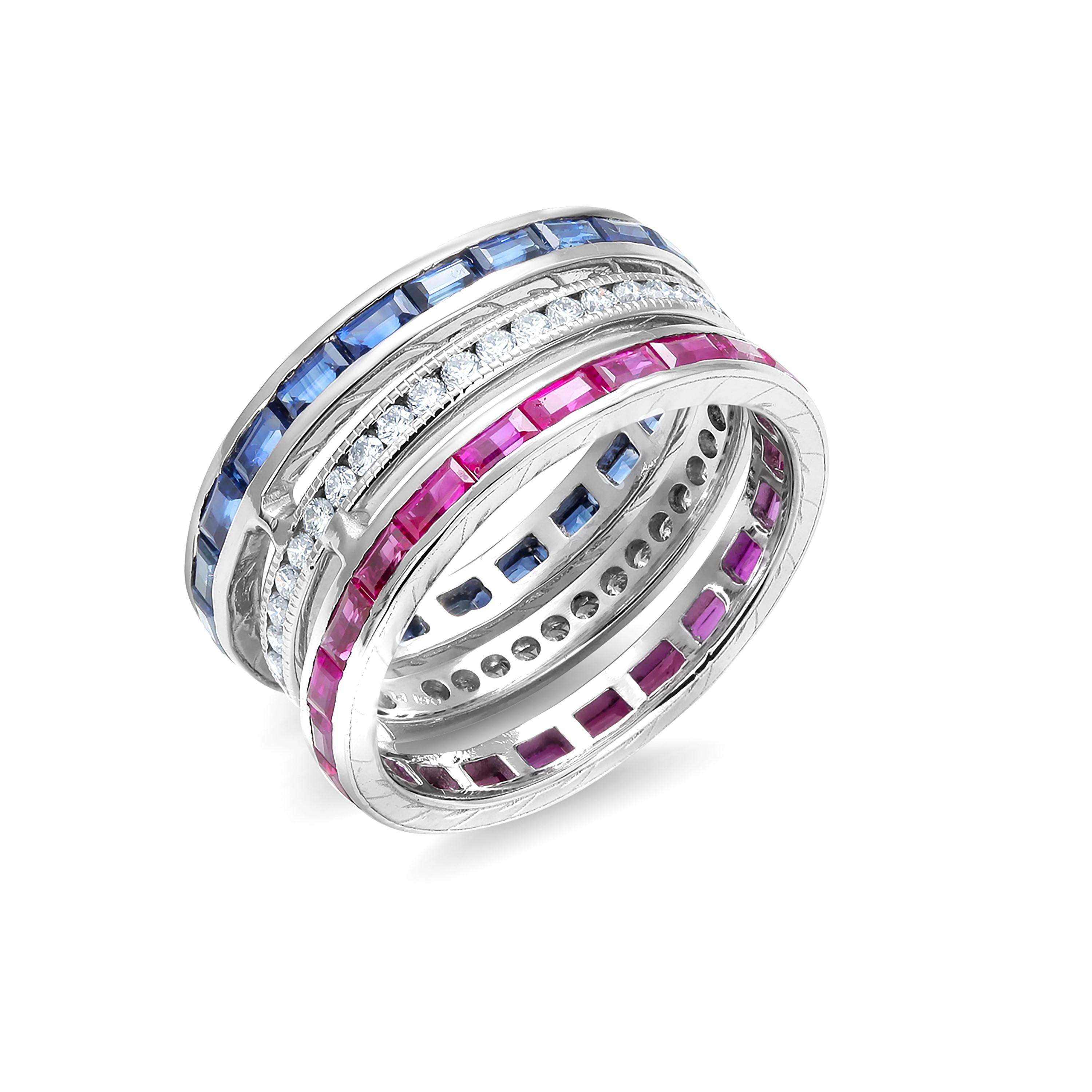 Triple Stacking Bands Ruby Diamond Sapphire 3.80 Carat 9.4 Millimeter Wide Ring 1