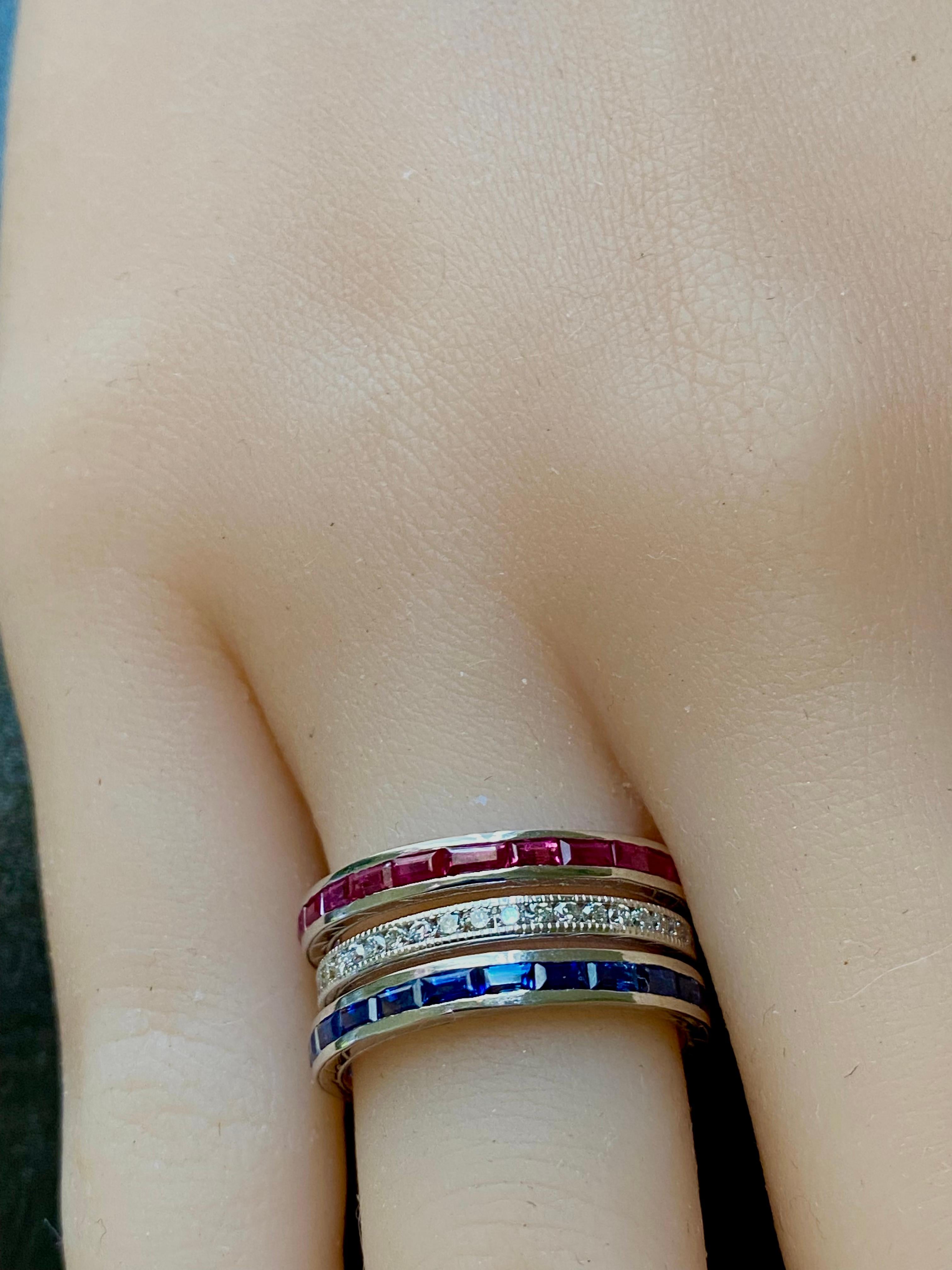 Triple Stacking Bands Ruby Diamond Sapphire 3.80 Carat 9.4 Millimeter Wide Ring 4