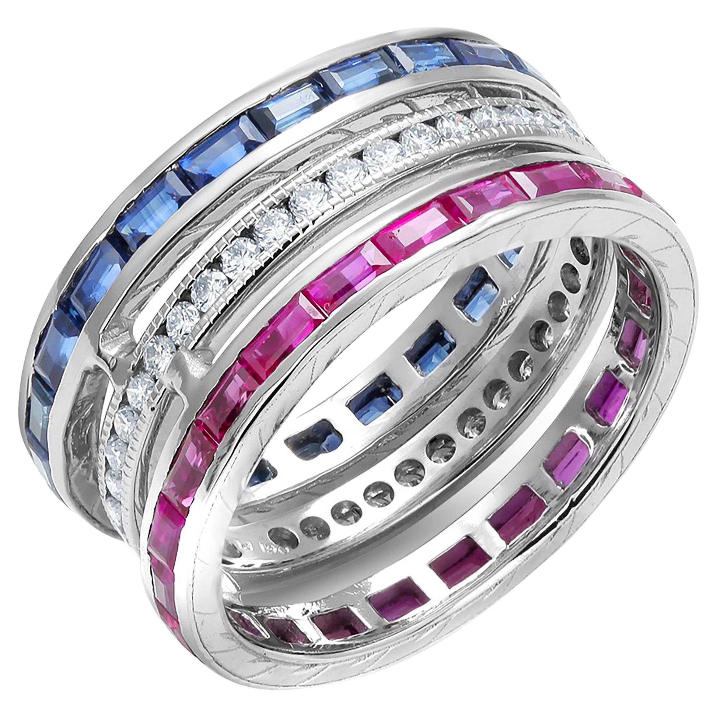 Triple Stacking Bands Ruby Diamond Sapphire 3.80 Carat 9.4 Millimeter Wide Ring