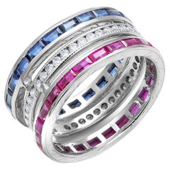 Triple Stacking Bands Ruby Diamond Sapphire 3.80 Carat 9.4 Millimeter Wide Ring