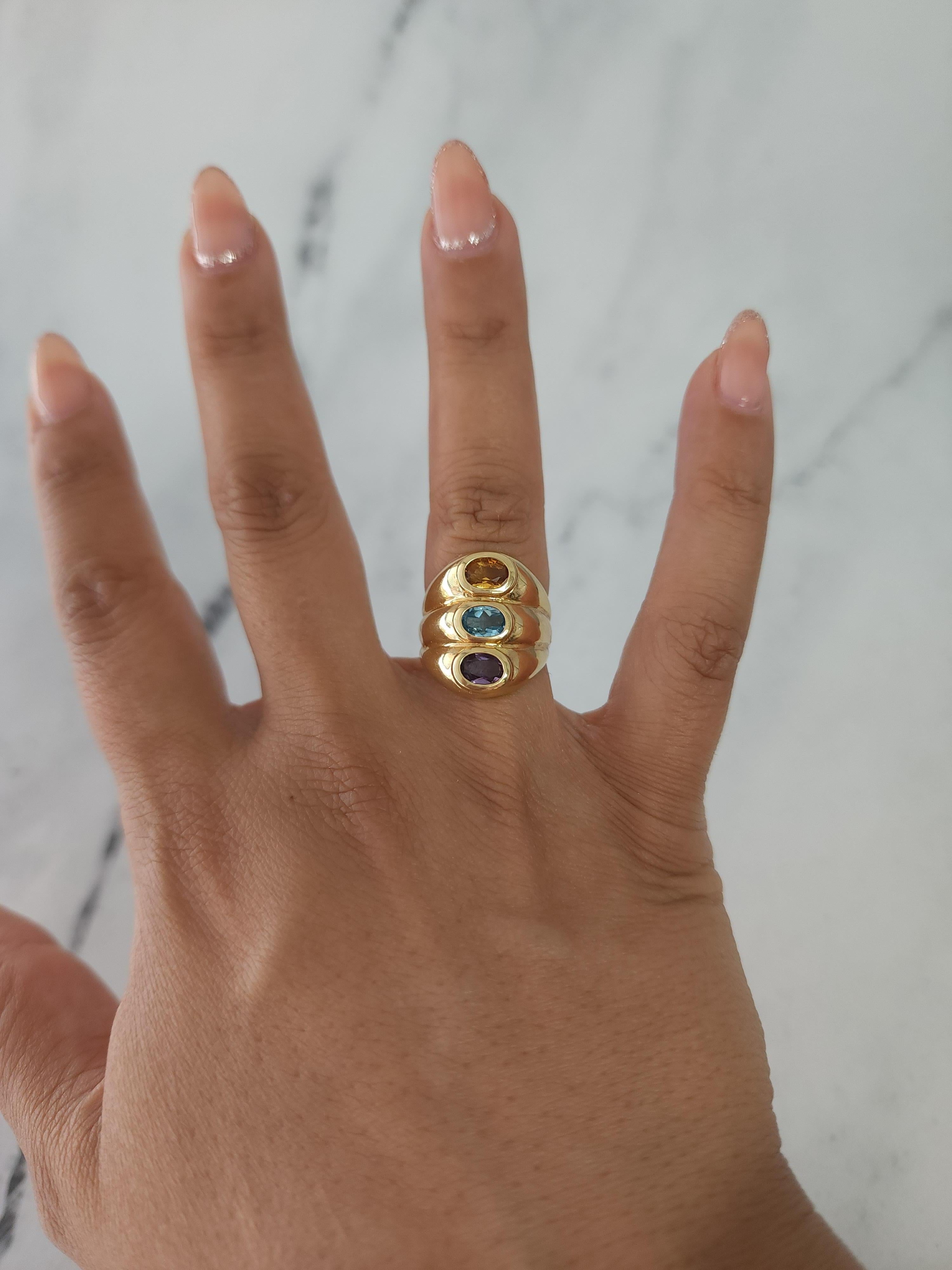 Triple Piedra - Anillo Amatista, Citrino y Topacio Azul  14k Oro Amarillo Corte oval en venta