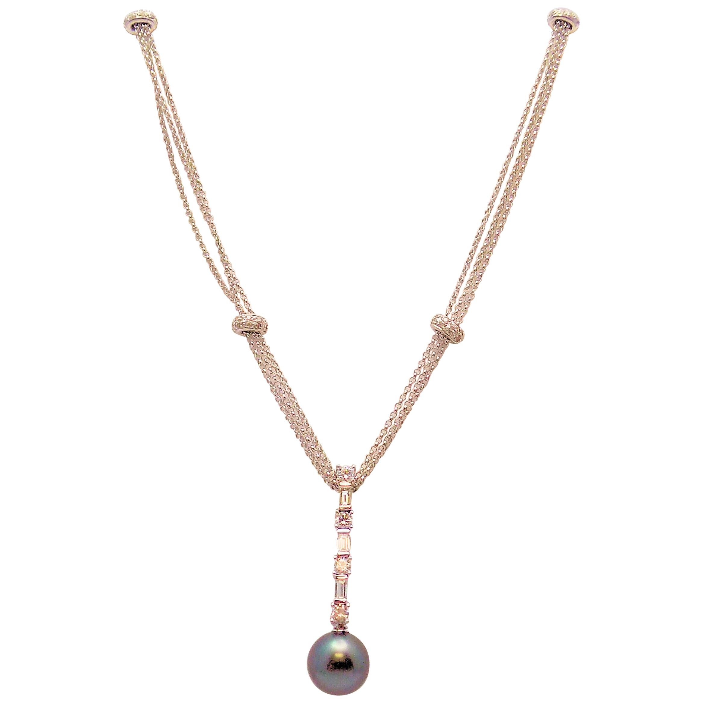 Triple Strand 14 Karat White Gold Diamond and Tahitian Cultured Pearl Necklace For Sale