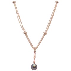 Triple Strand 14 Karat White Gold Diamond and Tahitian Cultured Pearl Necklace