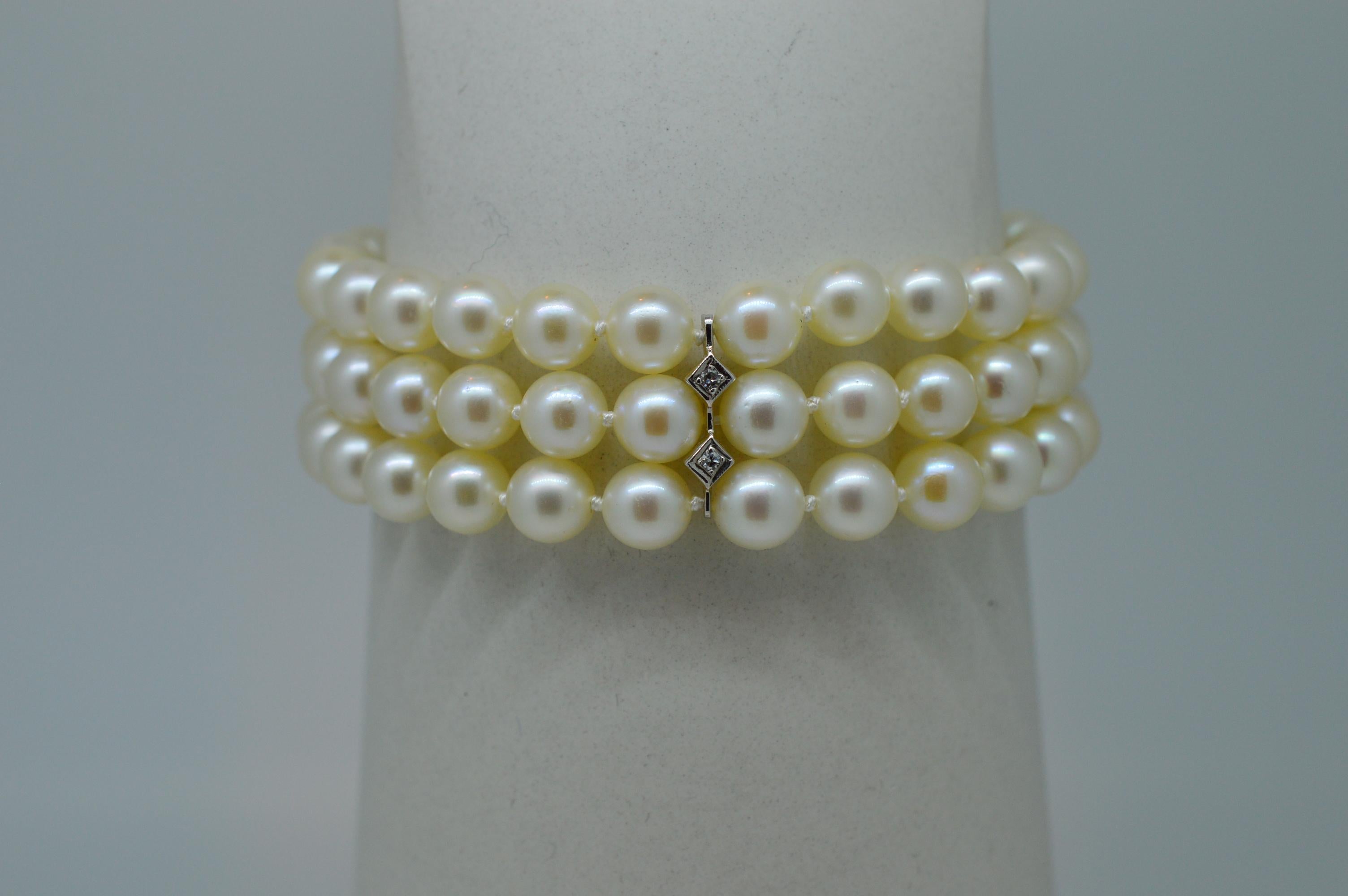 Triple Strand Akoya Pearl Bracelet w White Gold Diamond Floral Charm Clasp 1