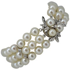 Vintage Triple Strand Akoya Pearl Bracelet w White Gold Diamond Floral Charm Clasp