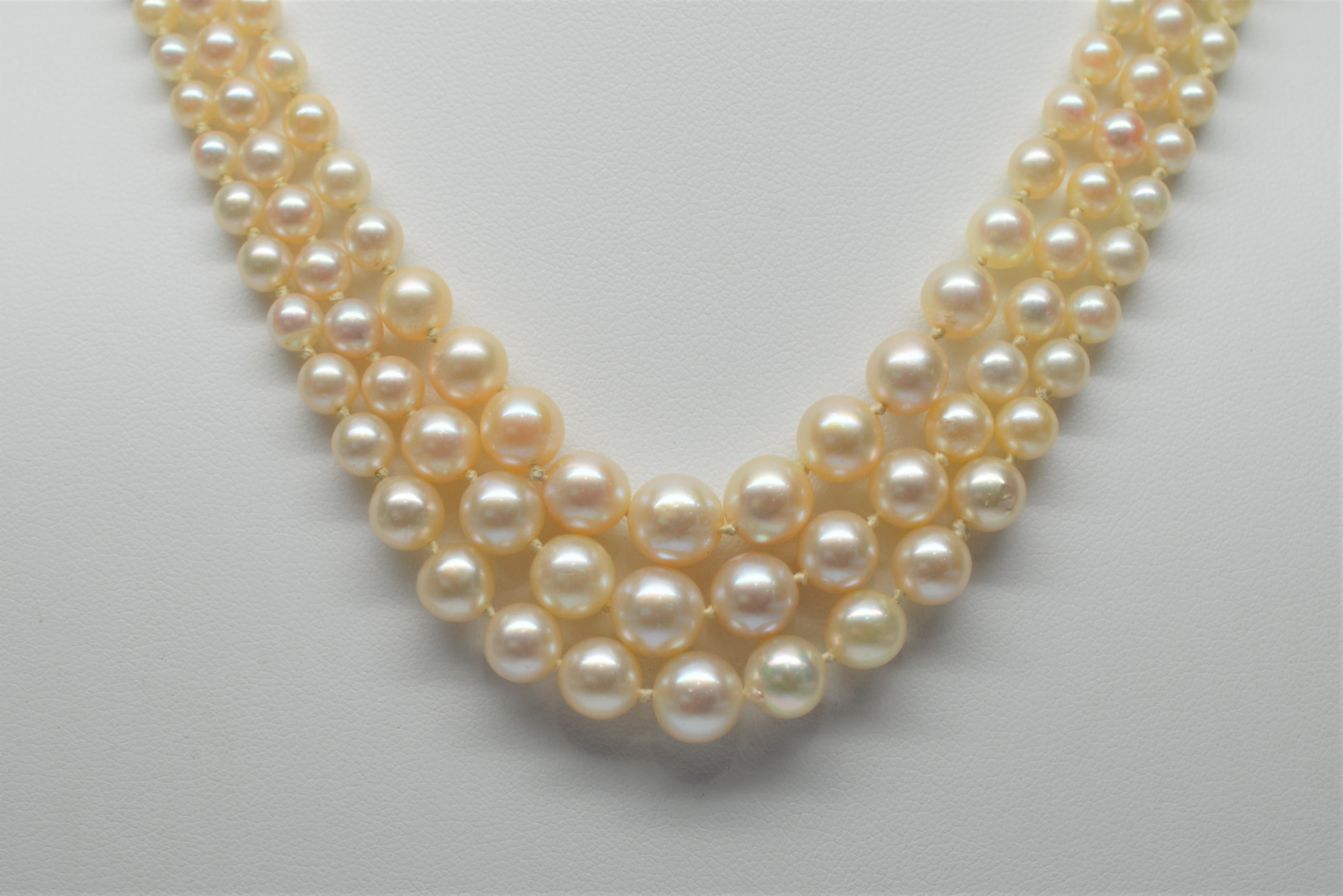 Triple Strand Akoya Pearl Necklace with 14K Yellow Gold & Opal Clasp 4