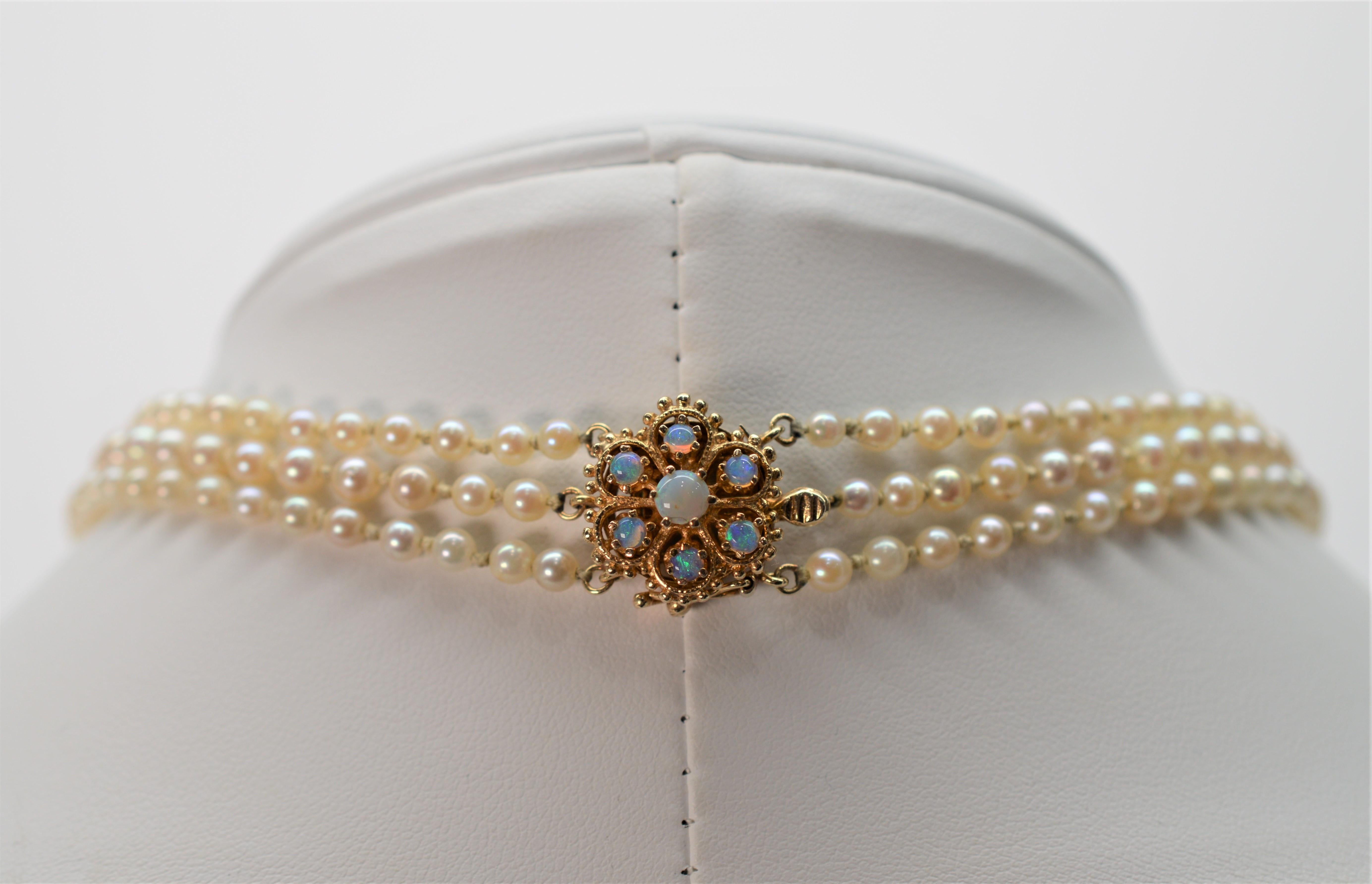 Triple Strand Akoya Pearl Necklace with 14K Yellow Gold & Opal Clasp In New Condition In Mount Kisco, NY