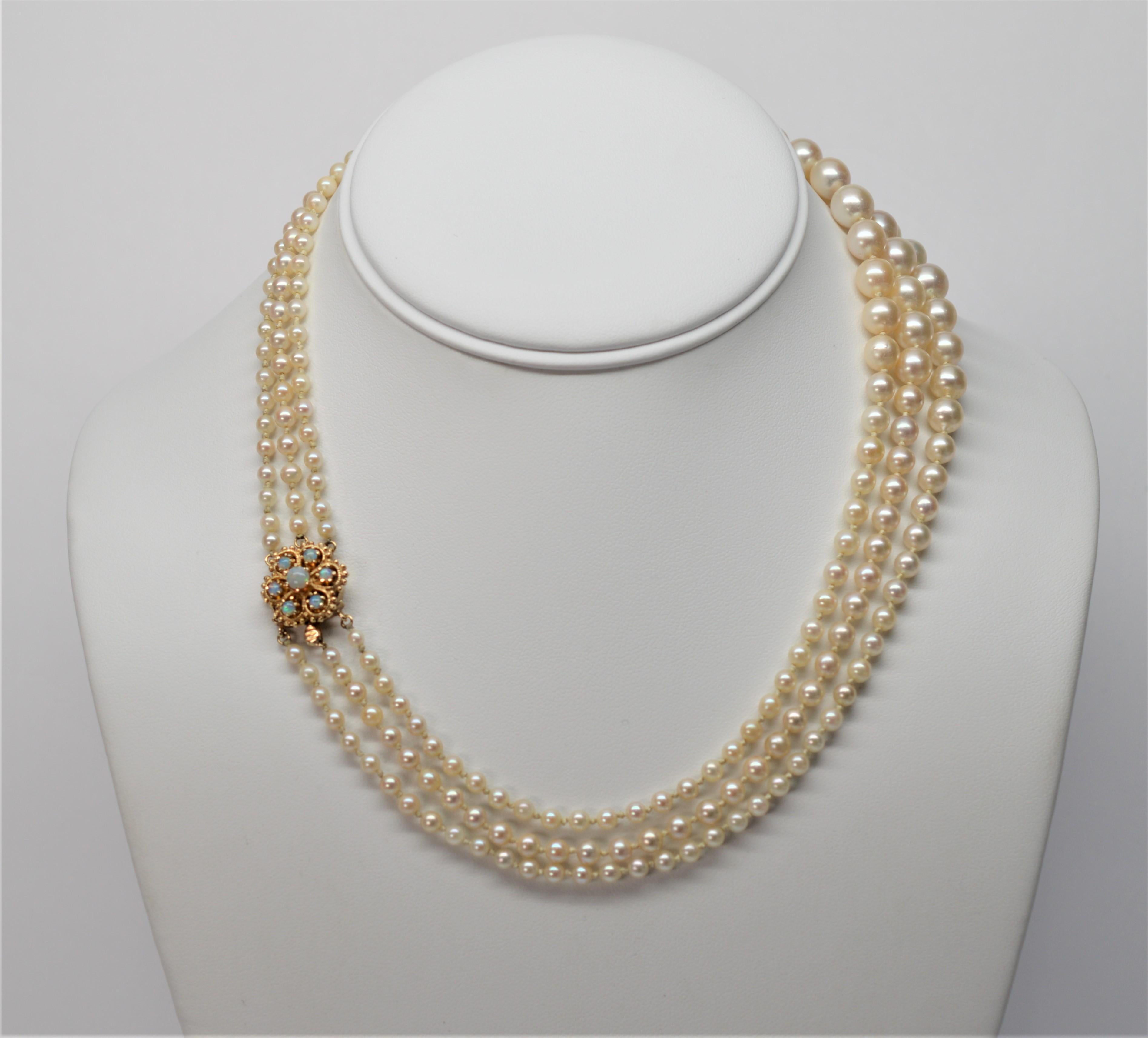 Women's Triple Strand Akoya Pearl Necklace with 14K Yellow Gold & Opal Clasp