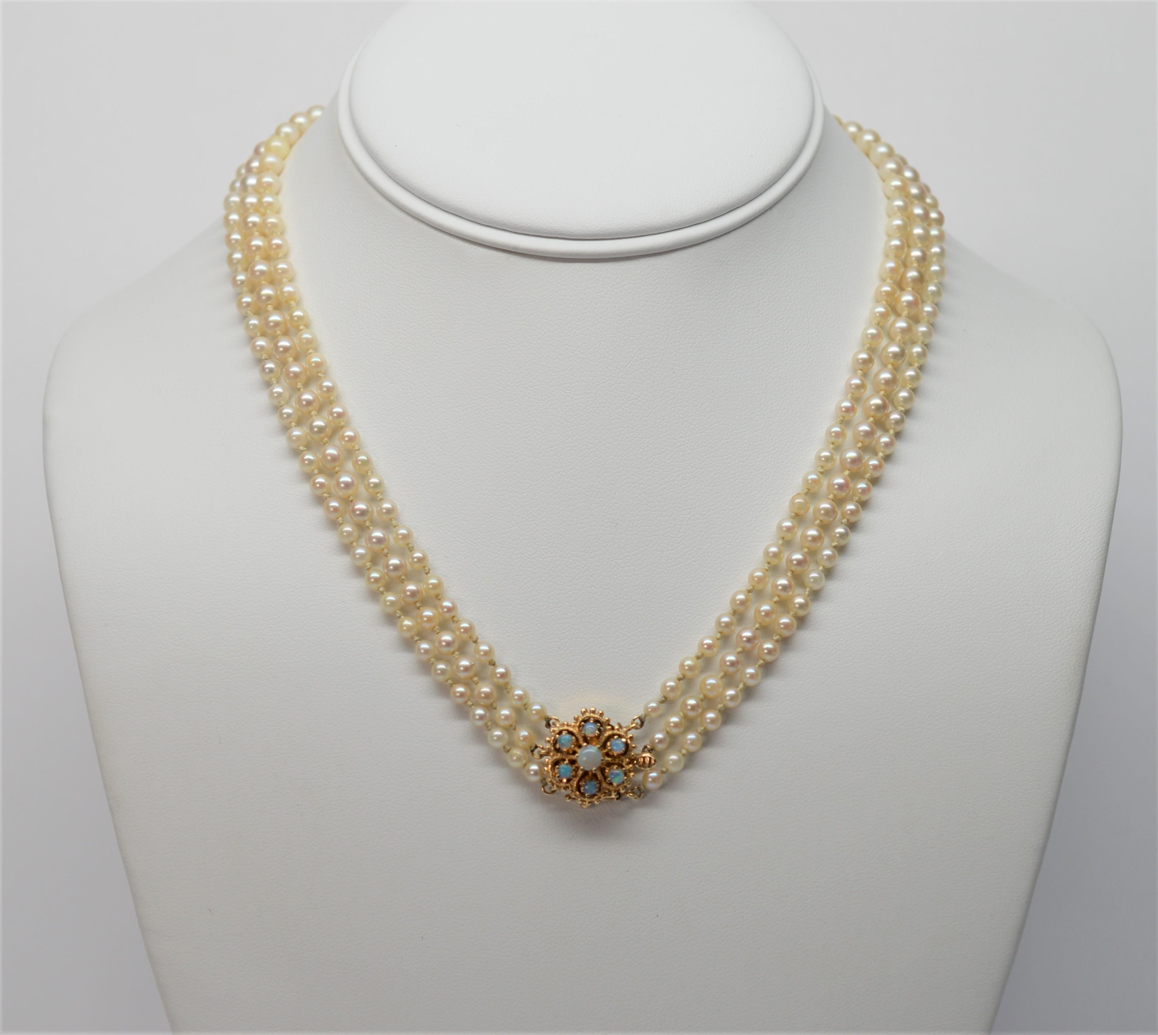 Triple Strand Akoya Pearl Necklace with 14K Yellow Gold & Opal Clasp 1