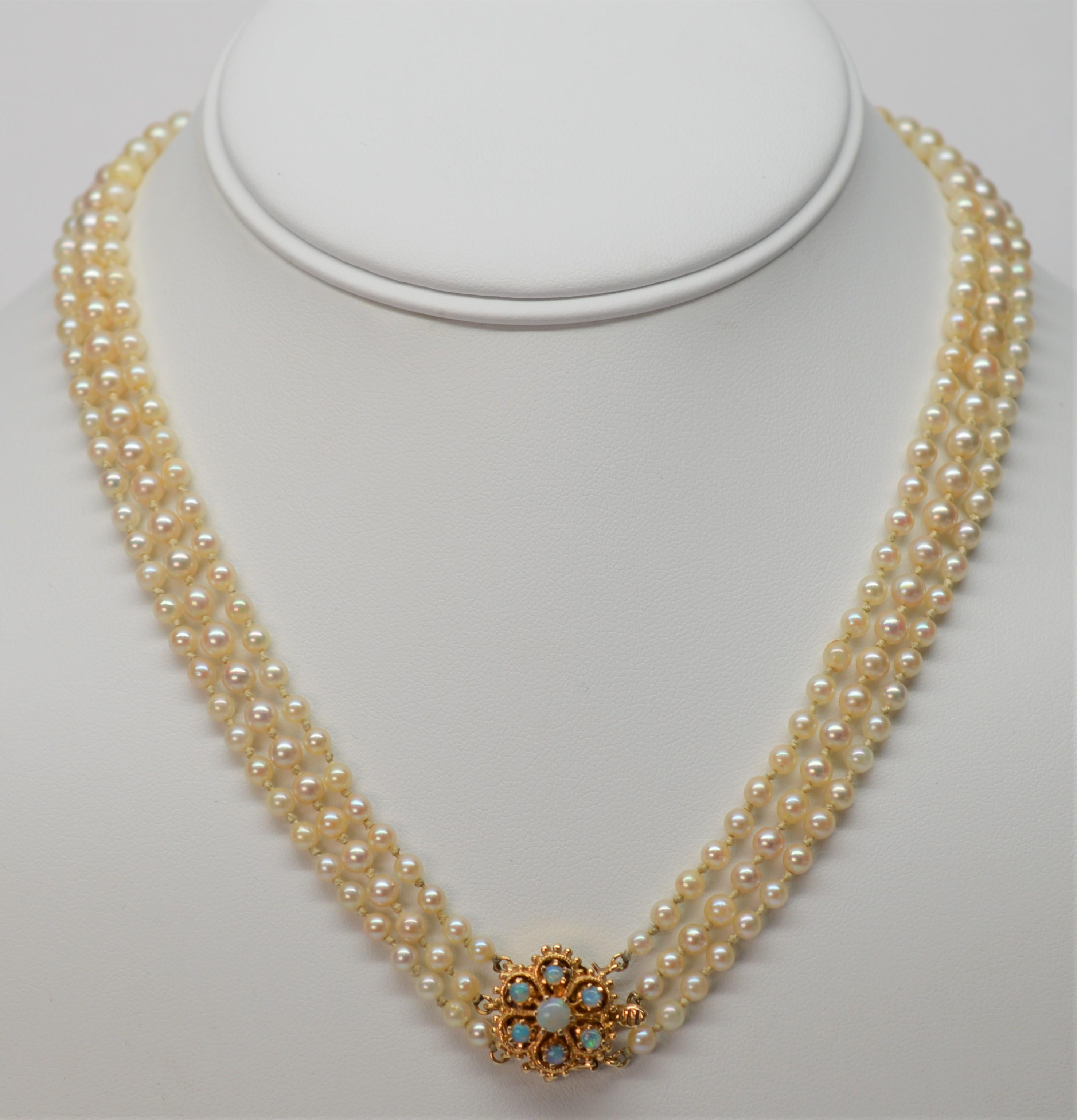 Triple Strand Akoya Pearl Necklace with 14K Yellow Gold & Opal Clasp 2