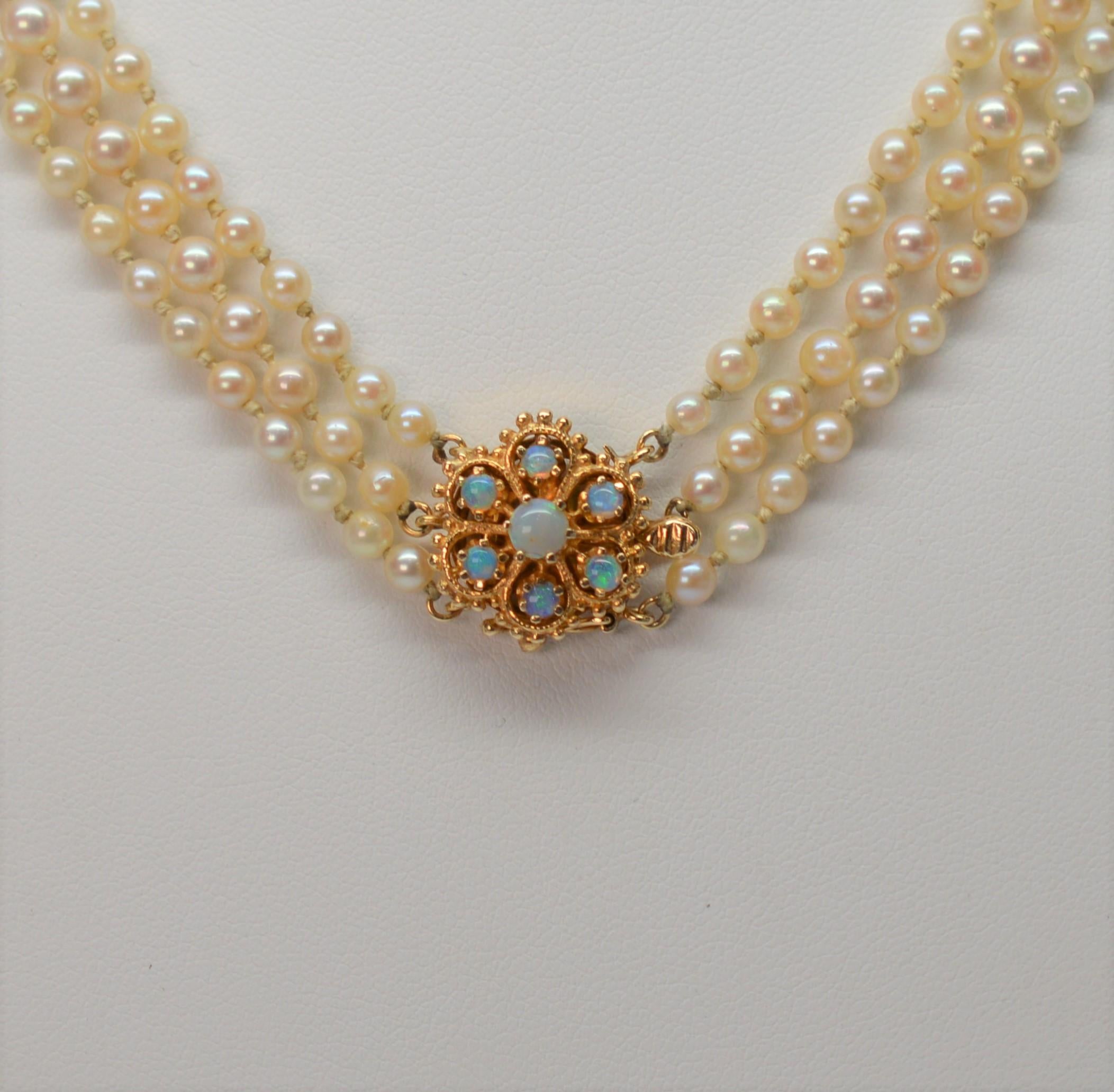 Triple Strand Akoya Pearl Necklace with 14K Yellow Gold & Opal Clasp 3