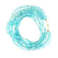 Triple Strand Apatite, Aquamarine Beaded Nesting Necklace, Yellow Gold Accents