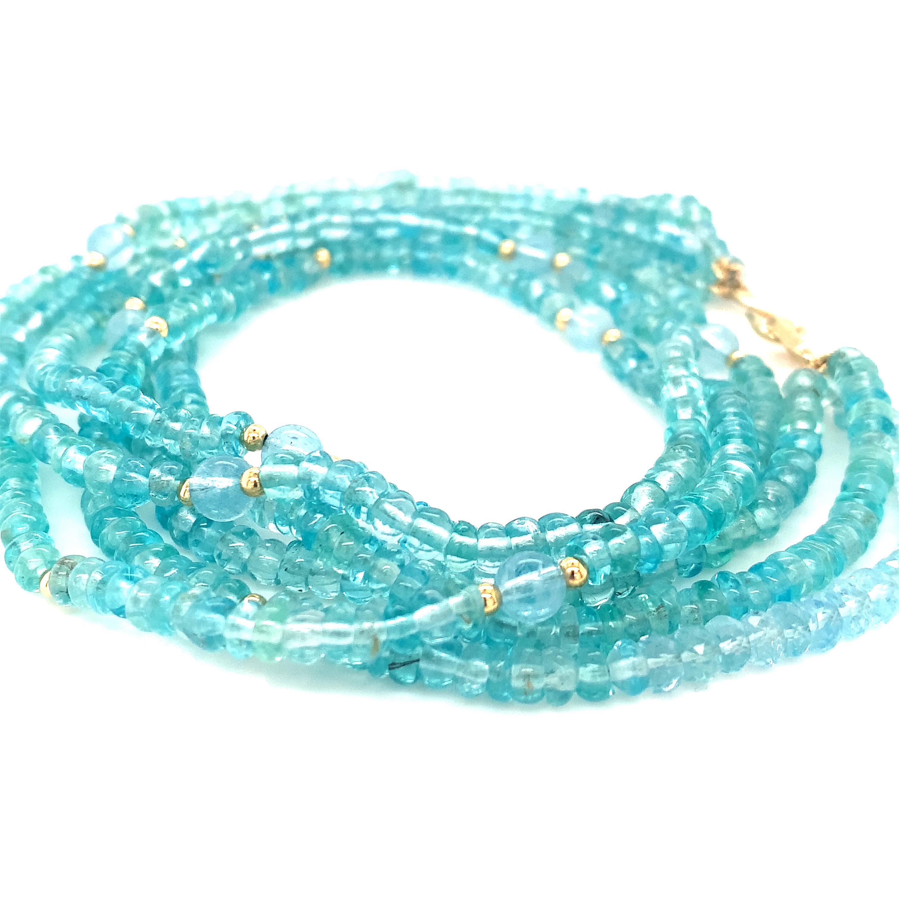 Triple Strand Apatite, Aquamarine Beaded Nesting Necklace, Yellow Gold Accents In New Condition In Los Angeles, CA