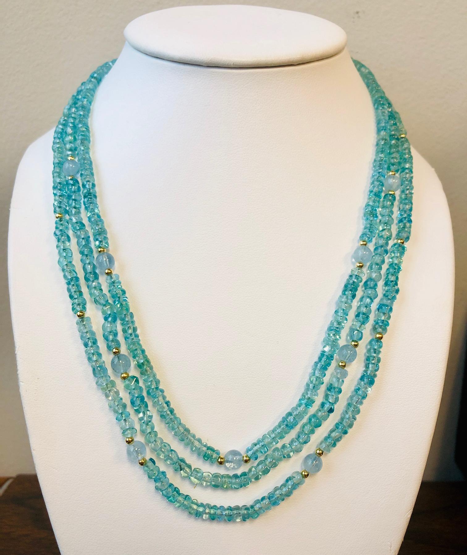 Women's Triple Strand Apatite, Aquamarine Beaded Nesting Necklace, Yellow Gold Accents