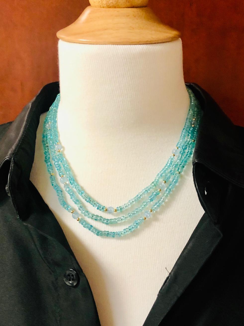 Triple Strand Apatite, Aquamarine Beaded Nesting Necklace, Yellow Gold Accents 1