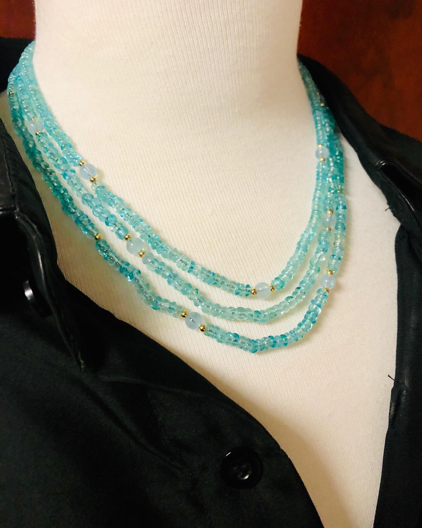 Triple Strand Apatite, Aquamarine Beaded Nesting Necklace, Yellow Gold Accents 2