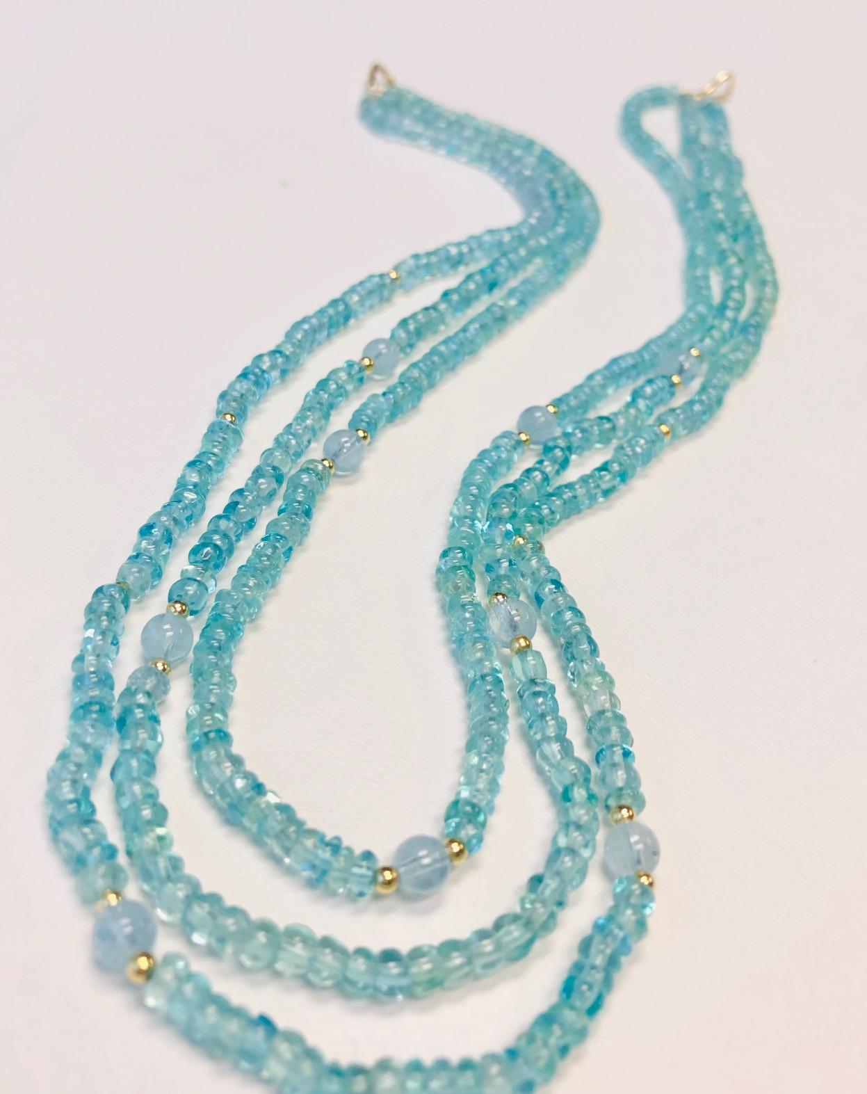 Triple Strand Apatite, Aquamarine Beaded Nesting Necklace, Yellow Gold Accents 3