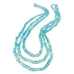 Triple Strand Apatite, Aquamarine Beaded Nesting Necklace, Yellow Gold Accents