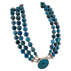 Triple Strand Apatite Necklace with Custom Sterling Silver Box Clasp/Pendant