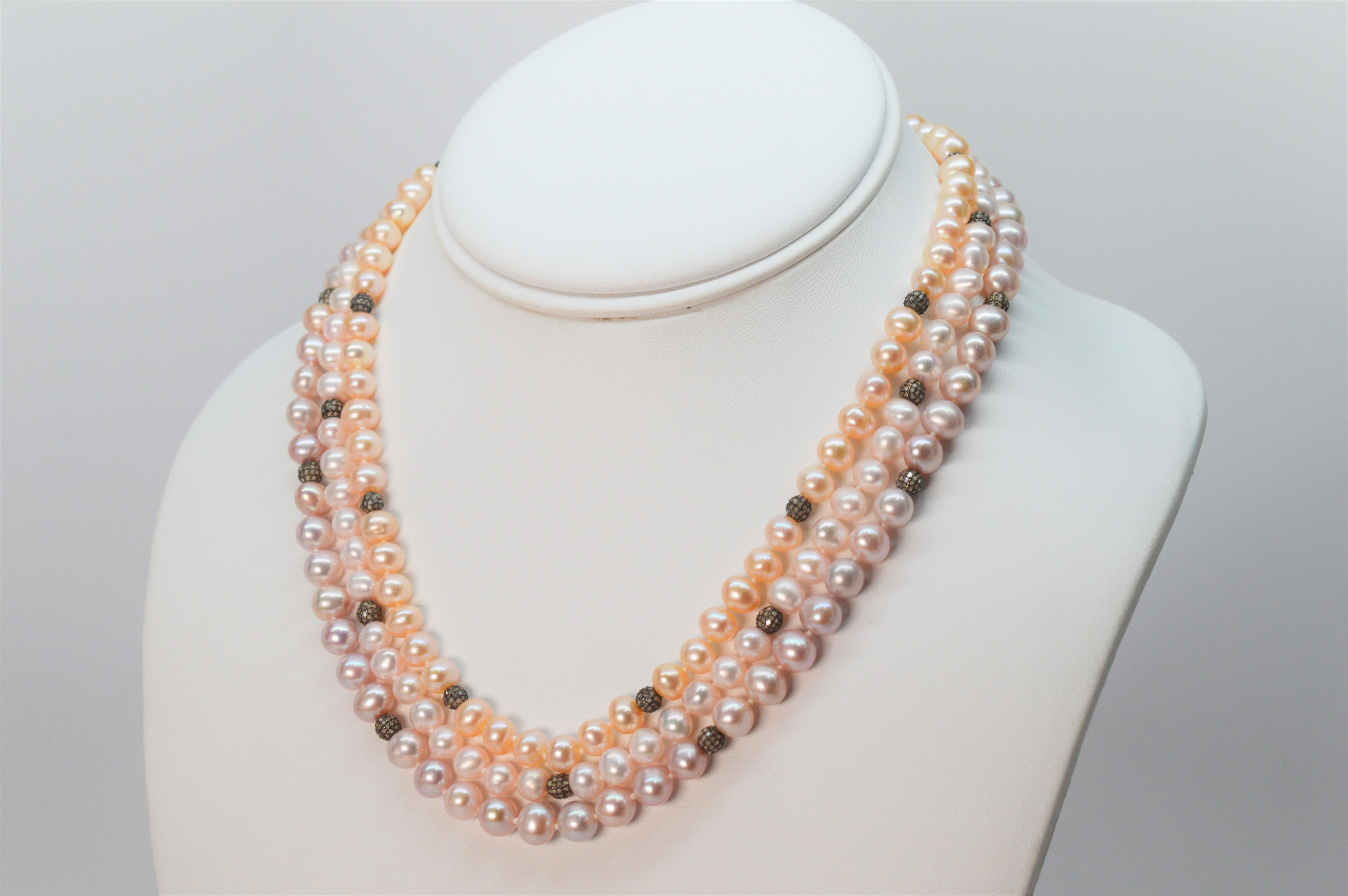 Round Cut Triple Strand Blush Pearls w Diamond Silver Enhancements For Sale