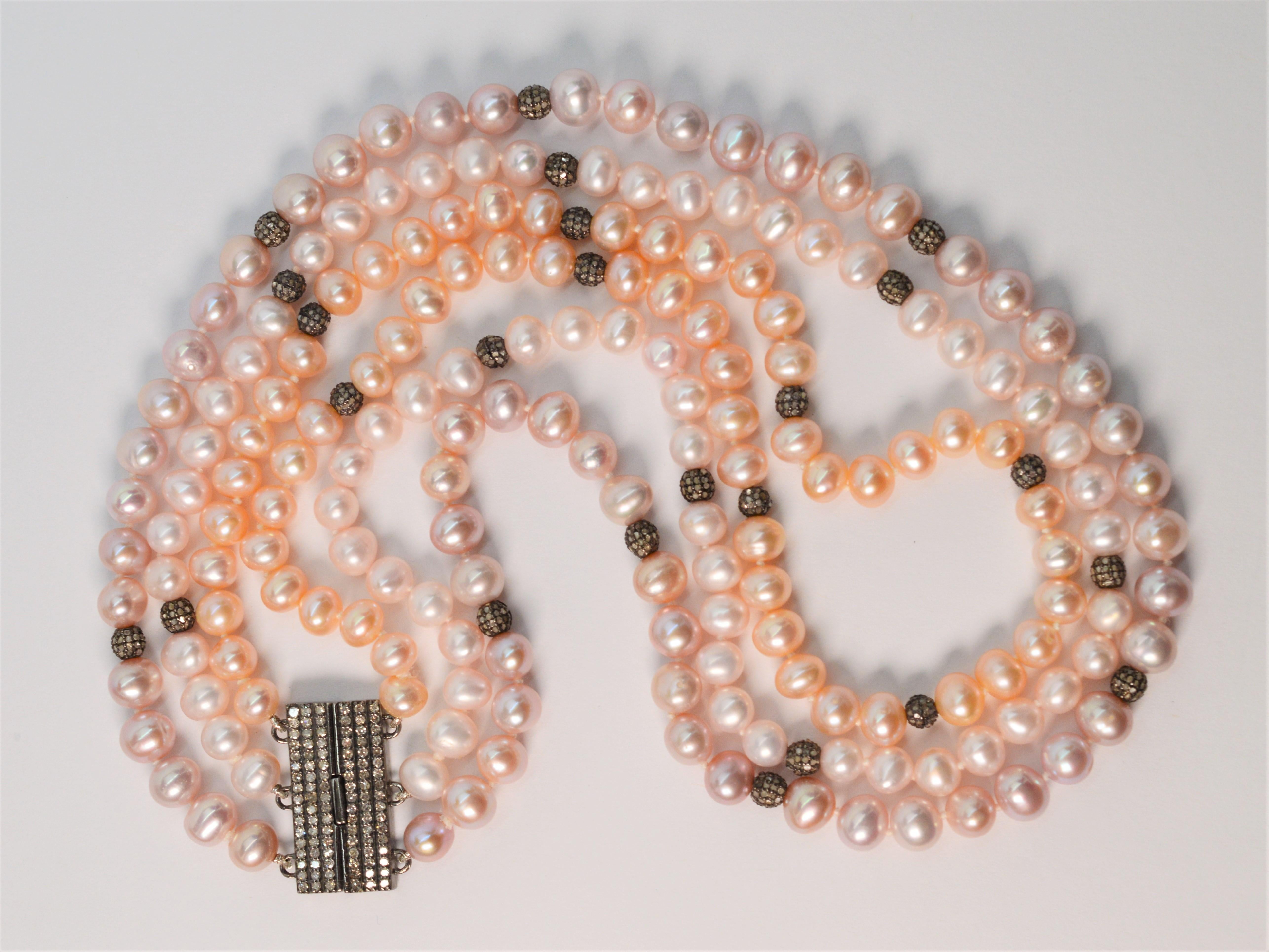 Triple Strand Blush Pearls w Diamond Silver Enhancements In New Condition For Sale In Mount Kisco, NY