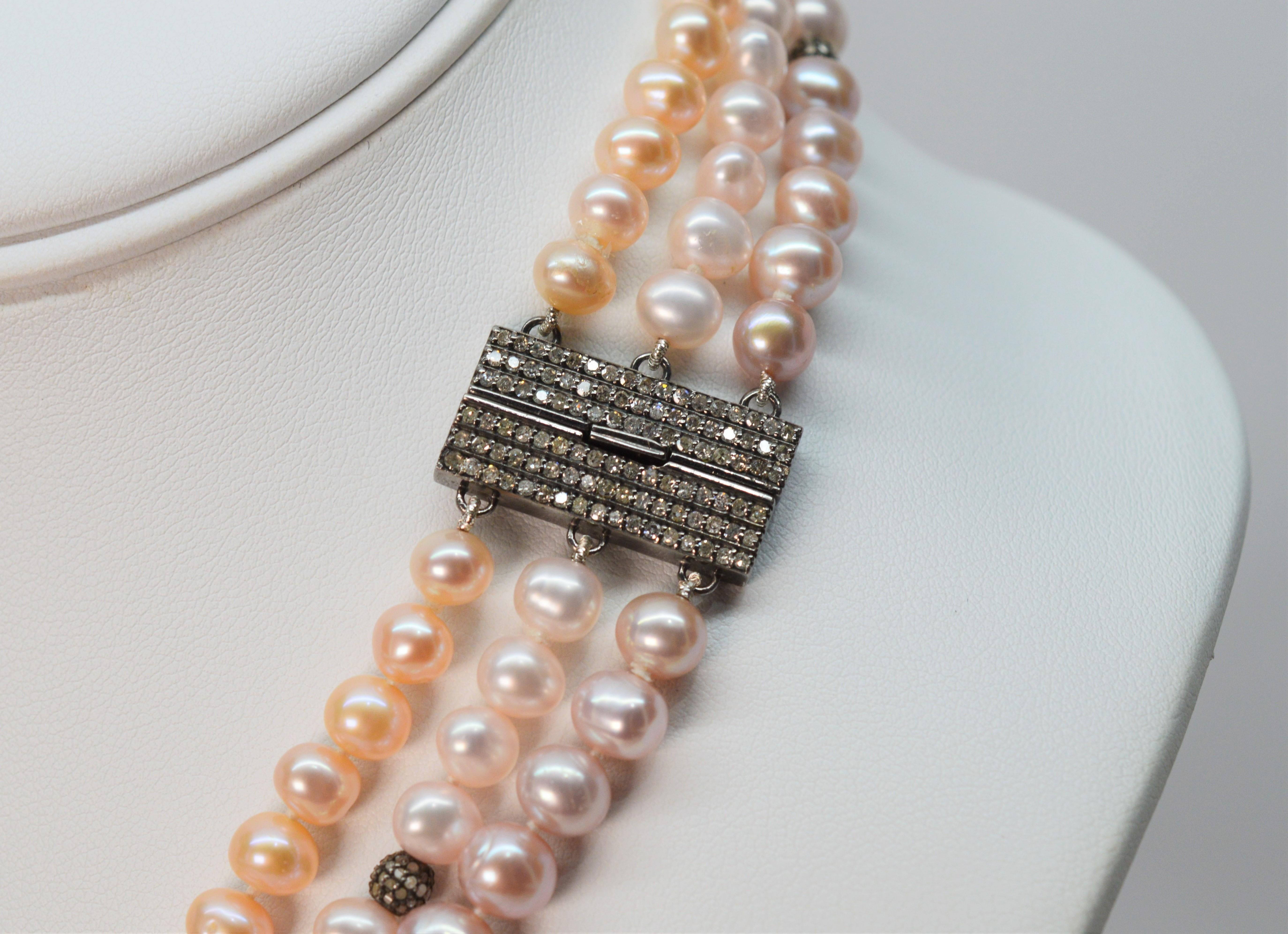 Women's Triple Strand Blush Pearls w Diamond Silver Enhancements For Sale