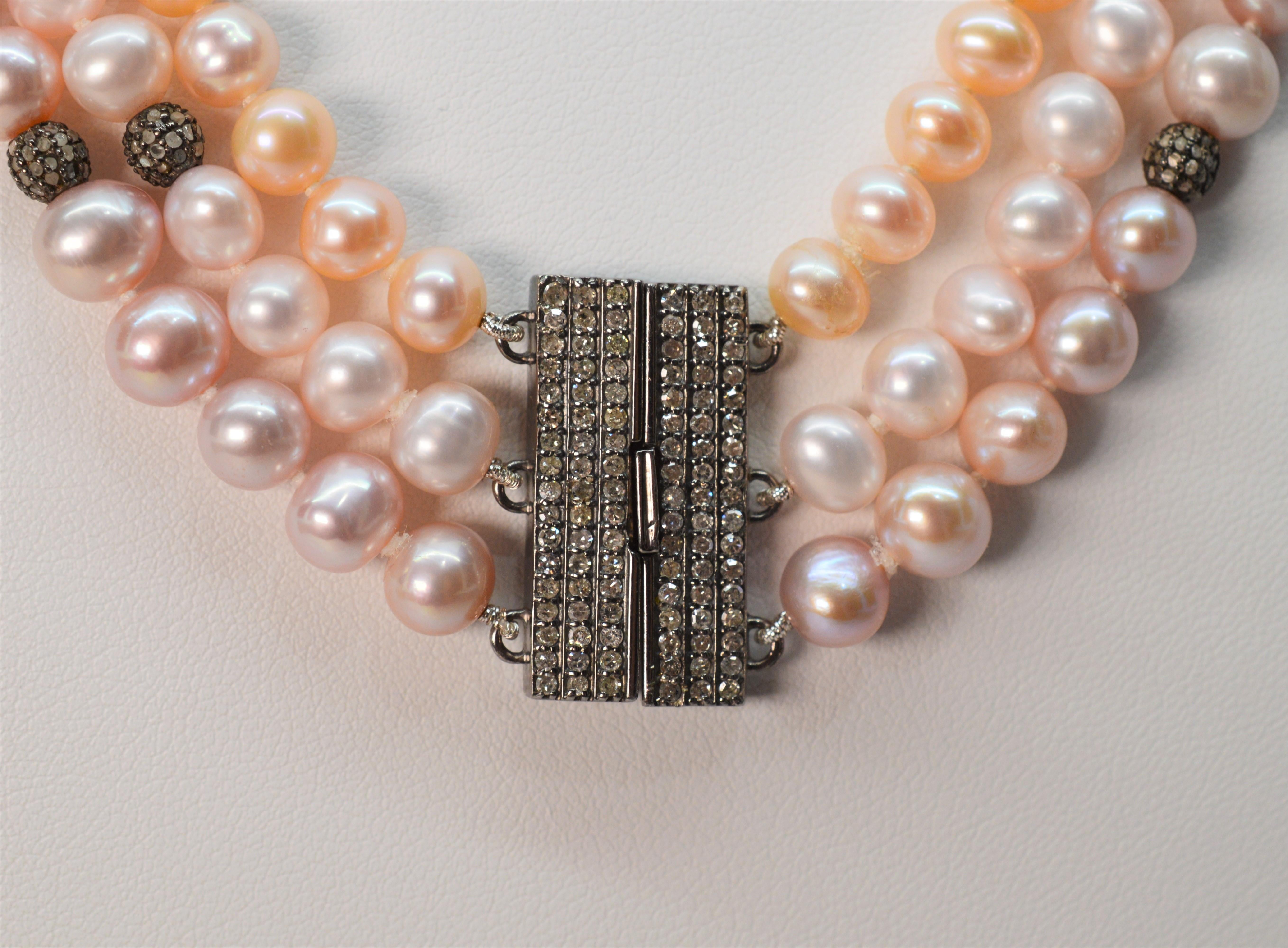 Triple Strand Blush Pearls w Diamond Silver Enhancements For Sale 1
