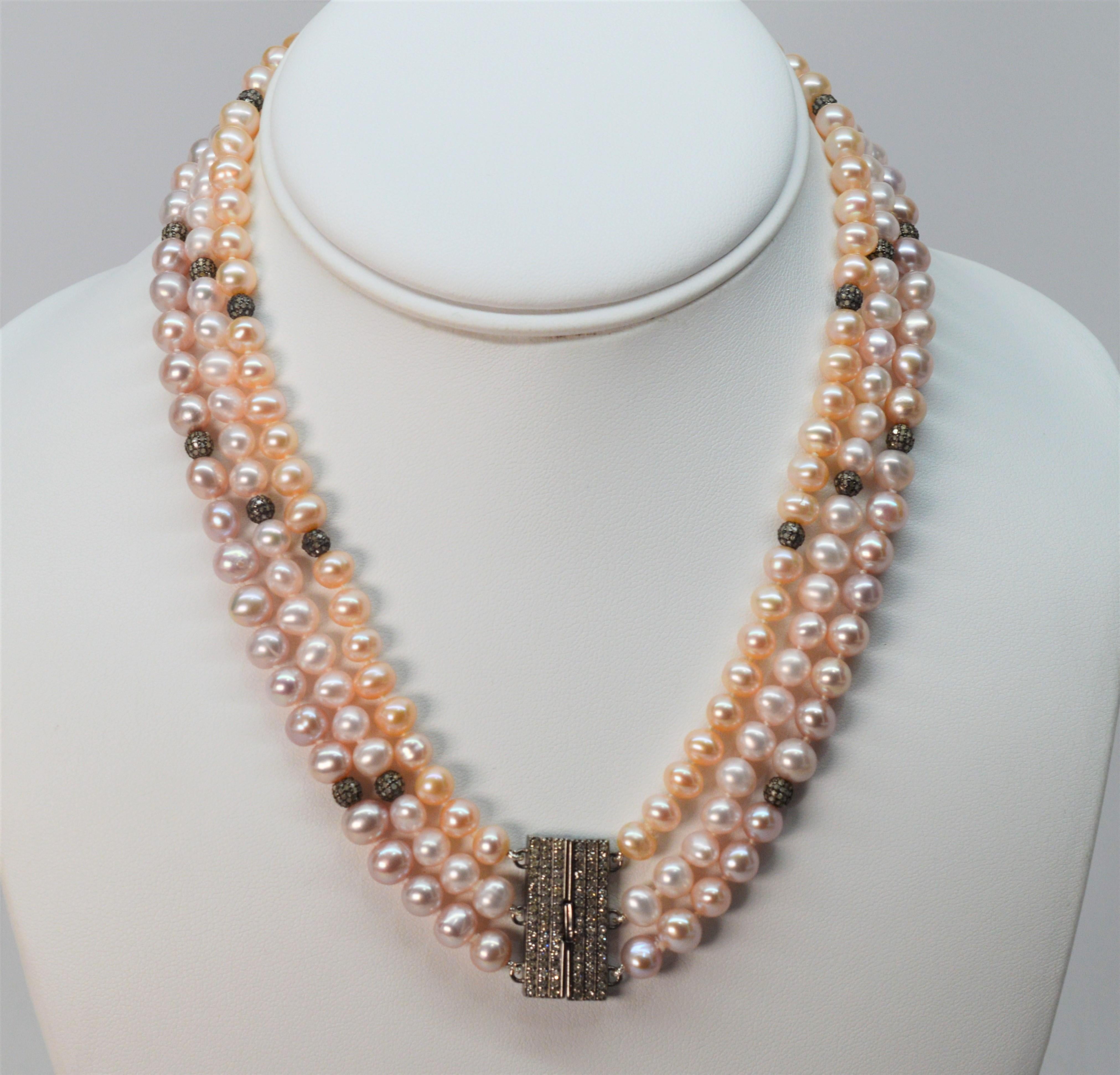 Triple Strand Blush Pearls w Diamond Silver Enhancements For Sale 2