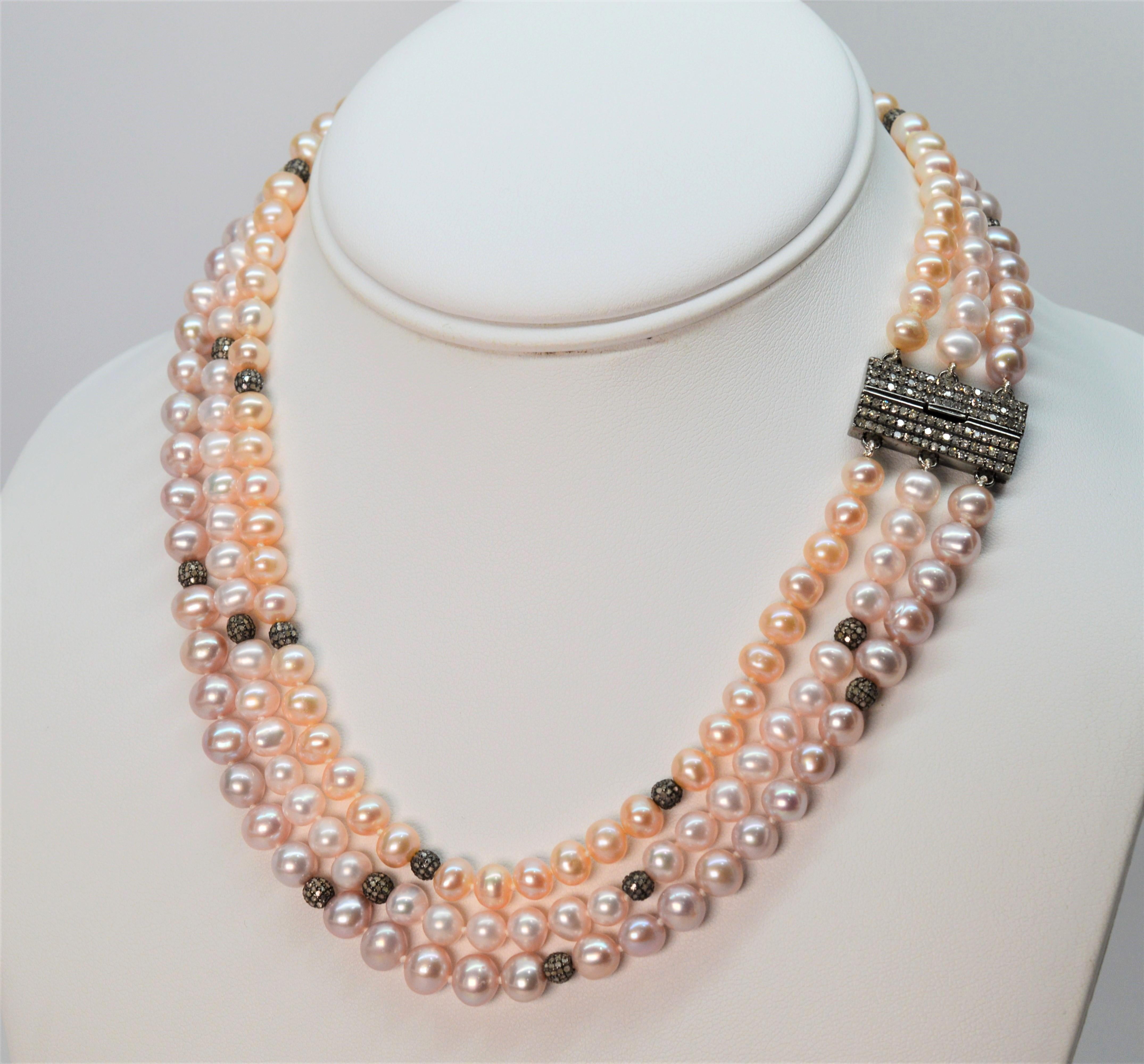 Triple Strand Blush Pearls w Diamond Silver Enhancements For Sale 4