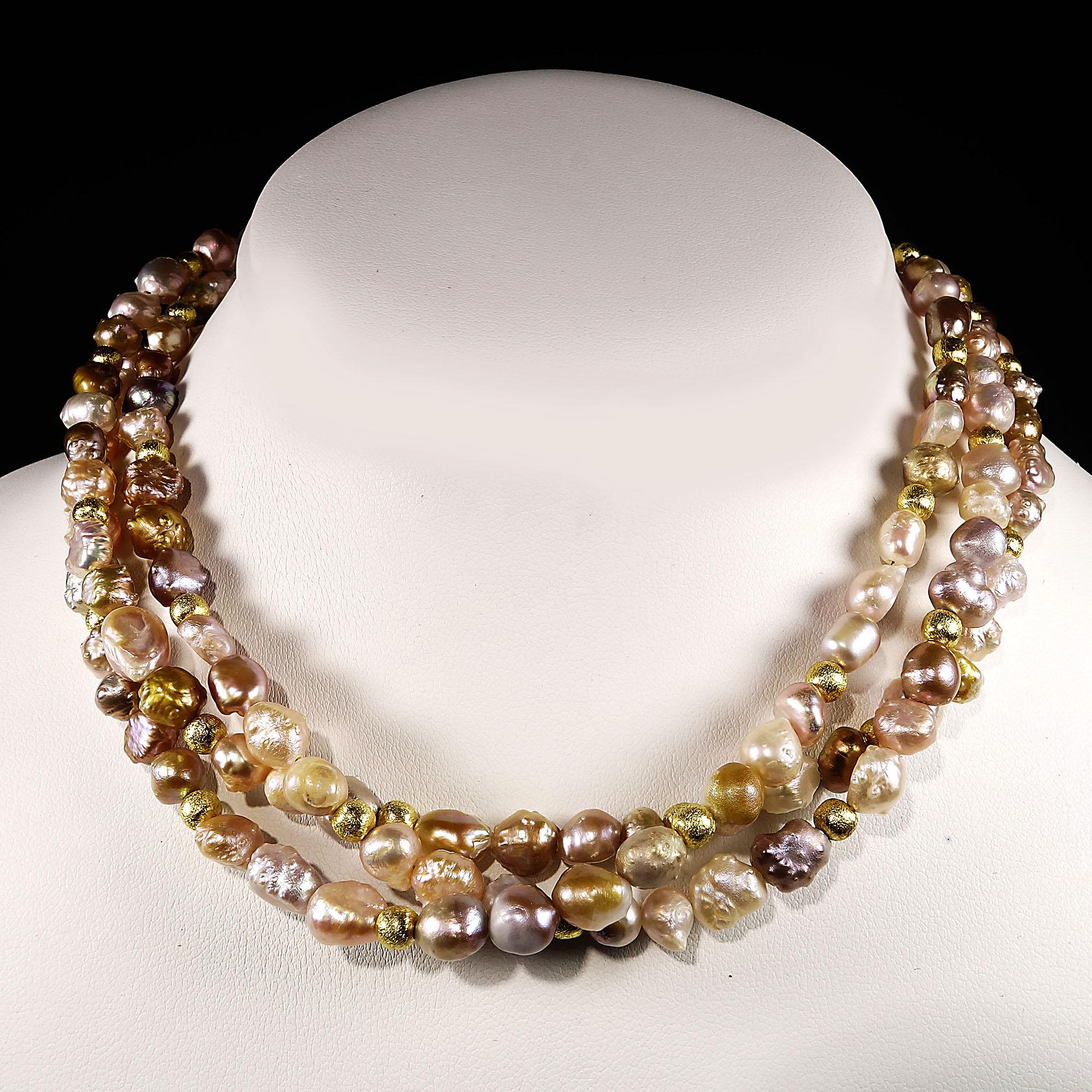 Artisan AJD Three-Strand Choker of Rosebud Pearls  Golden Accents June Birthstone