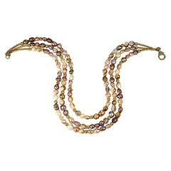 Triple Strand Choker of Rosebud Multi-Color Pearls with Golden Accents