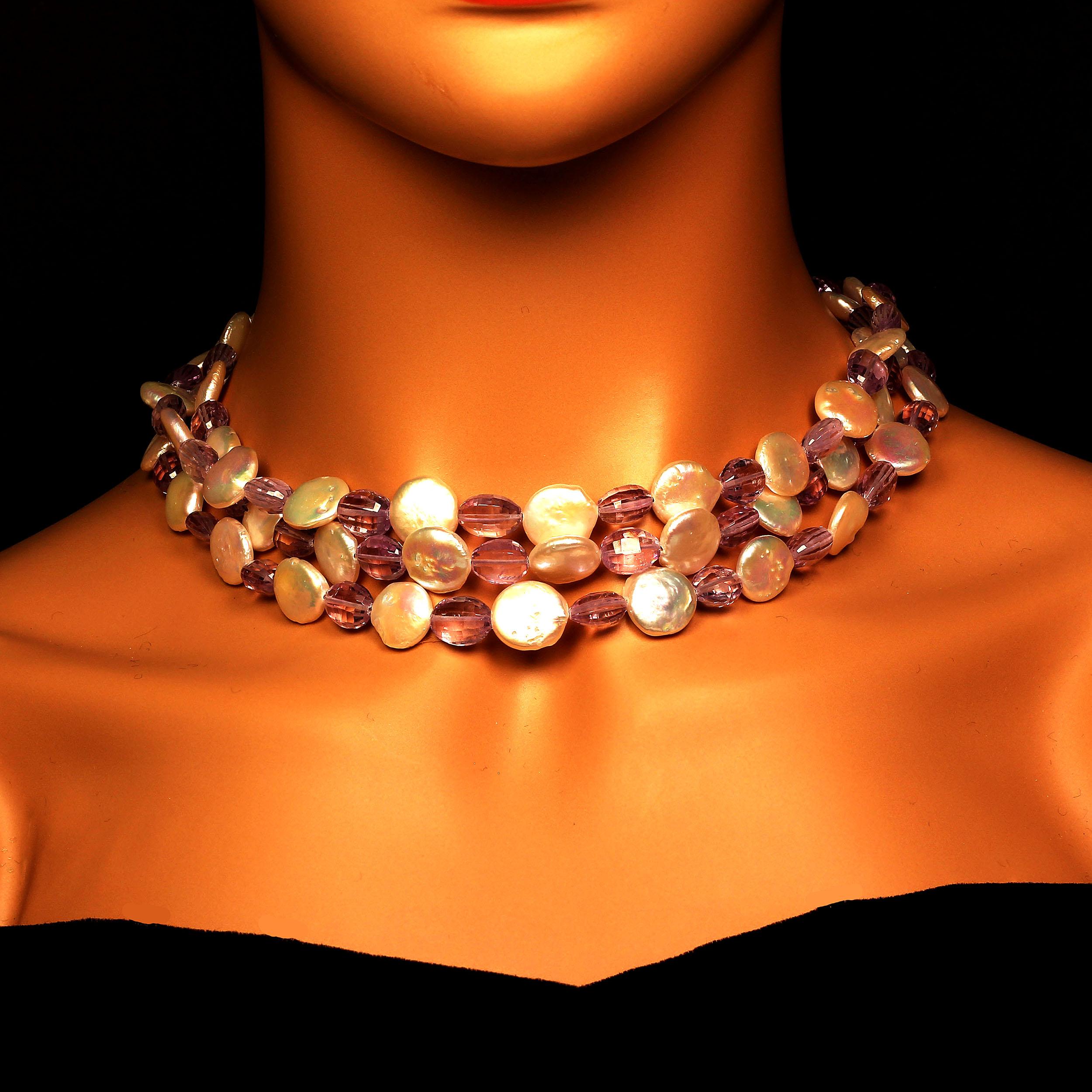 Artisan AJD  Triple Strand  Coin Pearl and Lilac Amethyst Necklace   June Birthstone