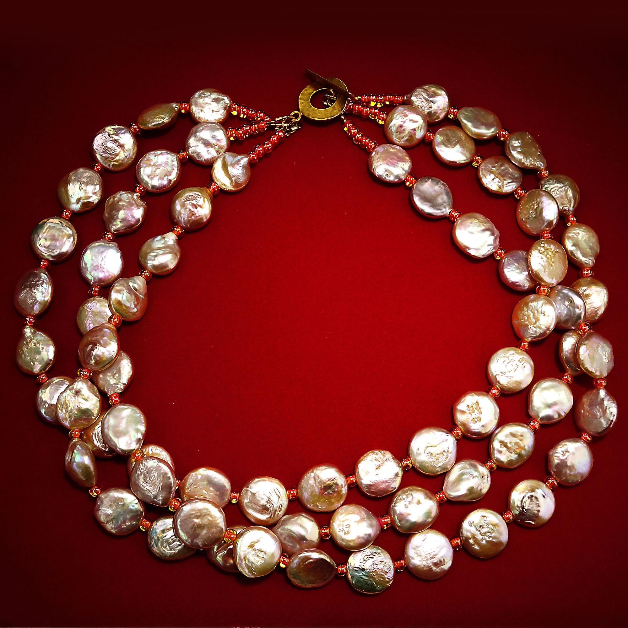 Women's AJD Triple Strand Coin Pearl Necklace in Peachy/Pink June Birthstone  Great Gift