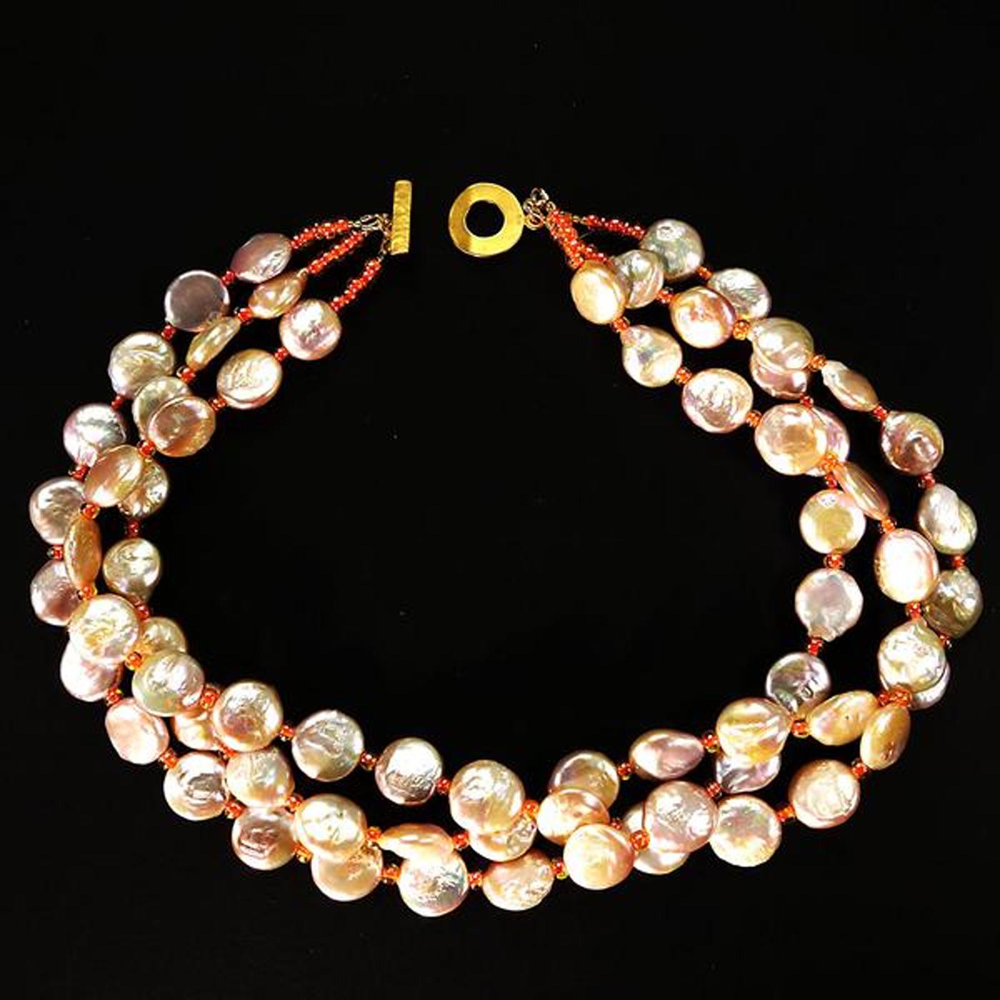 AJD - Collier à trois rangs de perles en forme de pièce de monnaie, couleur pêche/rose (pierre de naissance de juin)  Excellent cadeau Pour femmes en vente