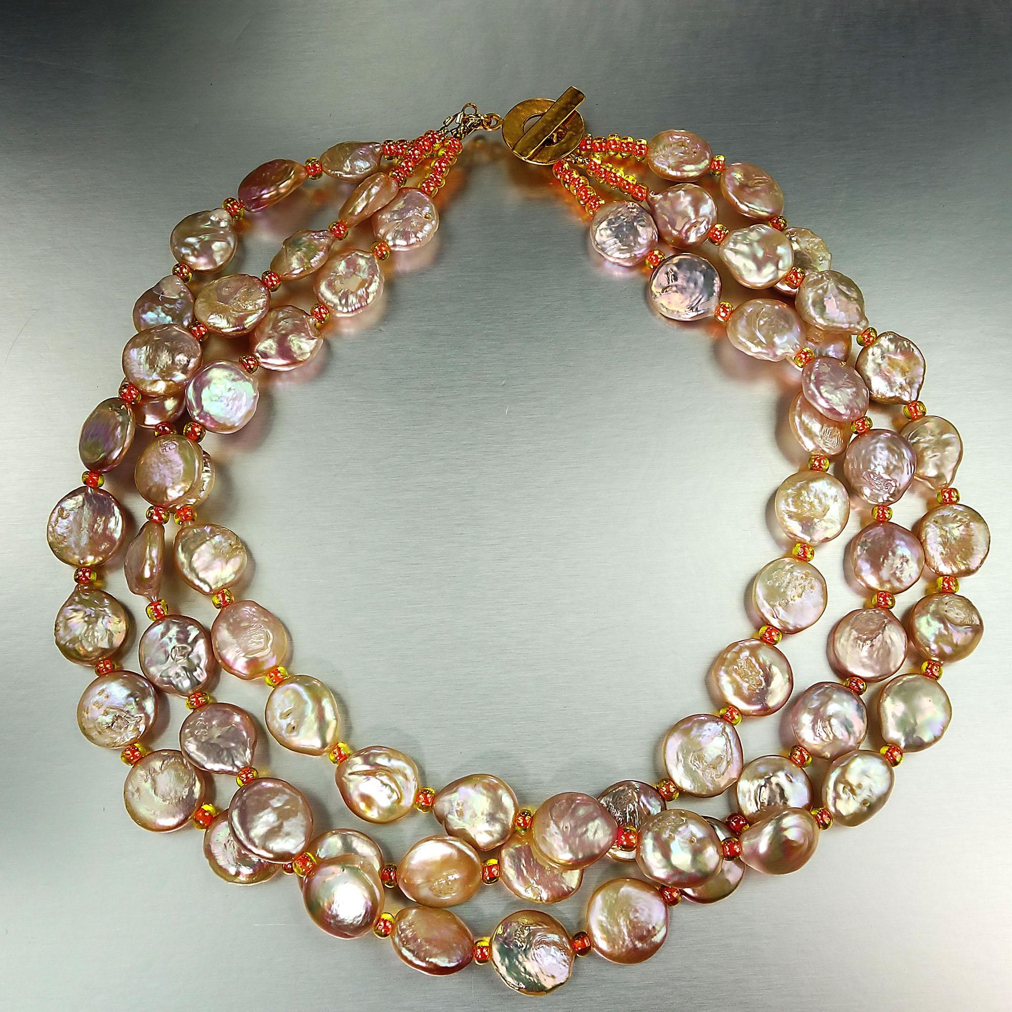 AJD Triple Strand Coin Pearl Necklace in Peachy/Pink June Birthstone  Great Gift In New Condition For Sale In Raleigh, NC