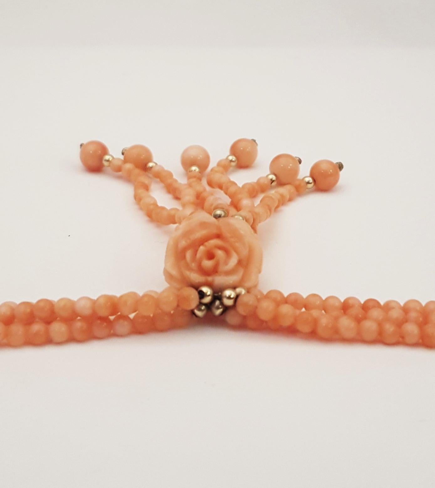 Artisan Triple Strand Coral Beads, Carved Coral Flower, 14 Karat Beads Tassel Necklace