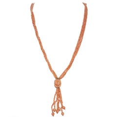 Triple Strand Coral Beads, Carved Coral Flower, 14 Karat Beads Tassel Necklace