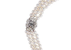 Triple Strand Cultured Pearl Necklace with GIA Emerald-Cut Diamond Clasp