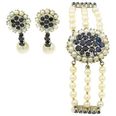 Vintage Triple-Strand Cultured Pearl Sapphire Clasp Gold Bracelet Matching Drop Earrings