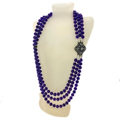 Triple Strand Deep Purple Jade and Sterling Silver Necklace with CZ Clasp
