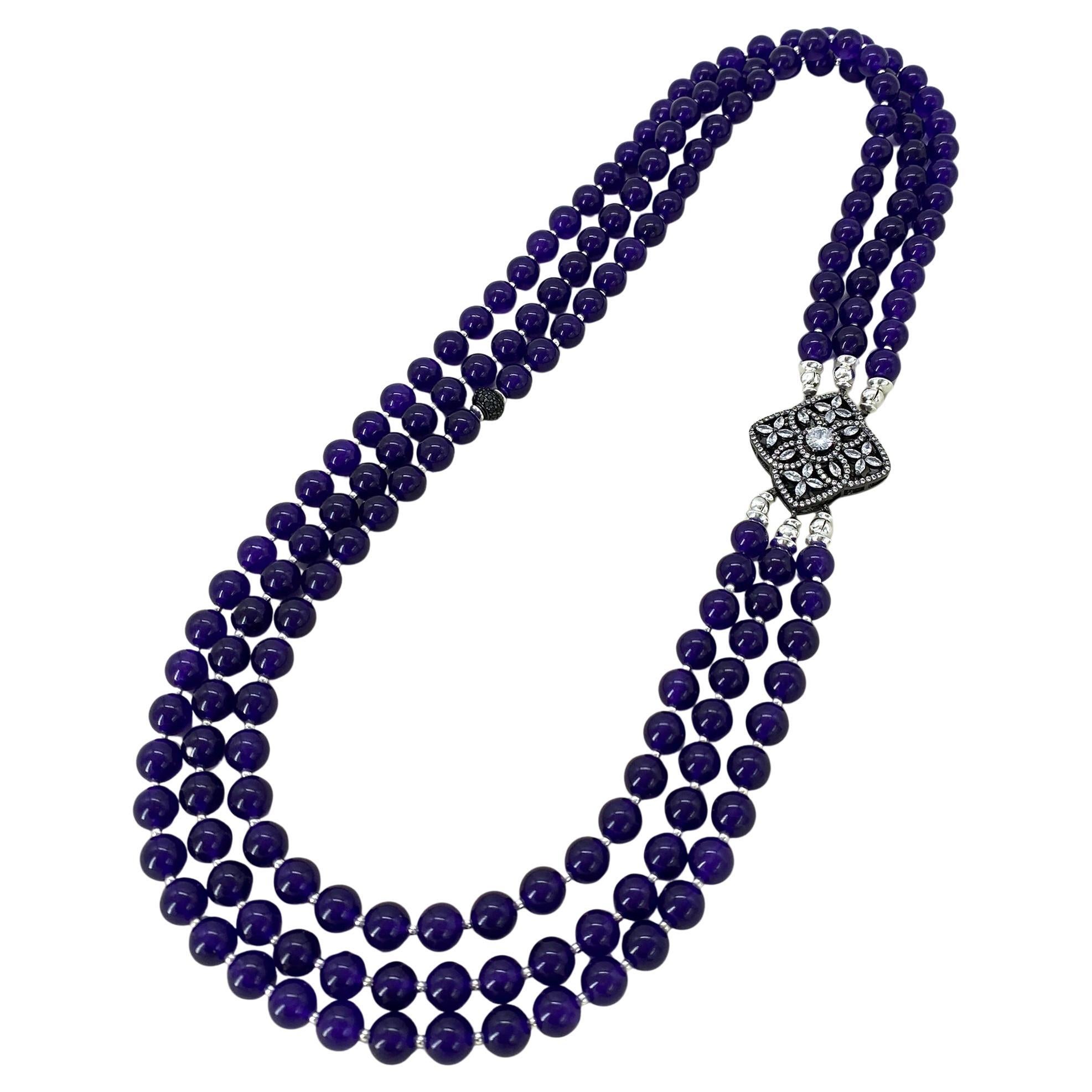 Triple Strand Deep Purple Jade and Sterling Silver Necklace with CZ Clasp For Sale