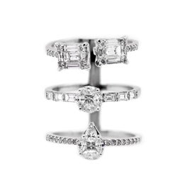 Trendy Modern Triple-Strand Diamond Ring in 18ct White Gold, Fancy Cuts