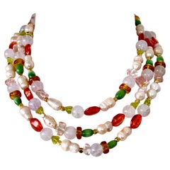 Triple Strand Freshwater Pearl, Tiger's Eye & European Glass Necklace - 65g