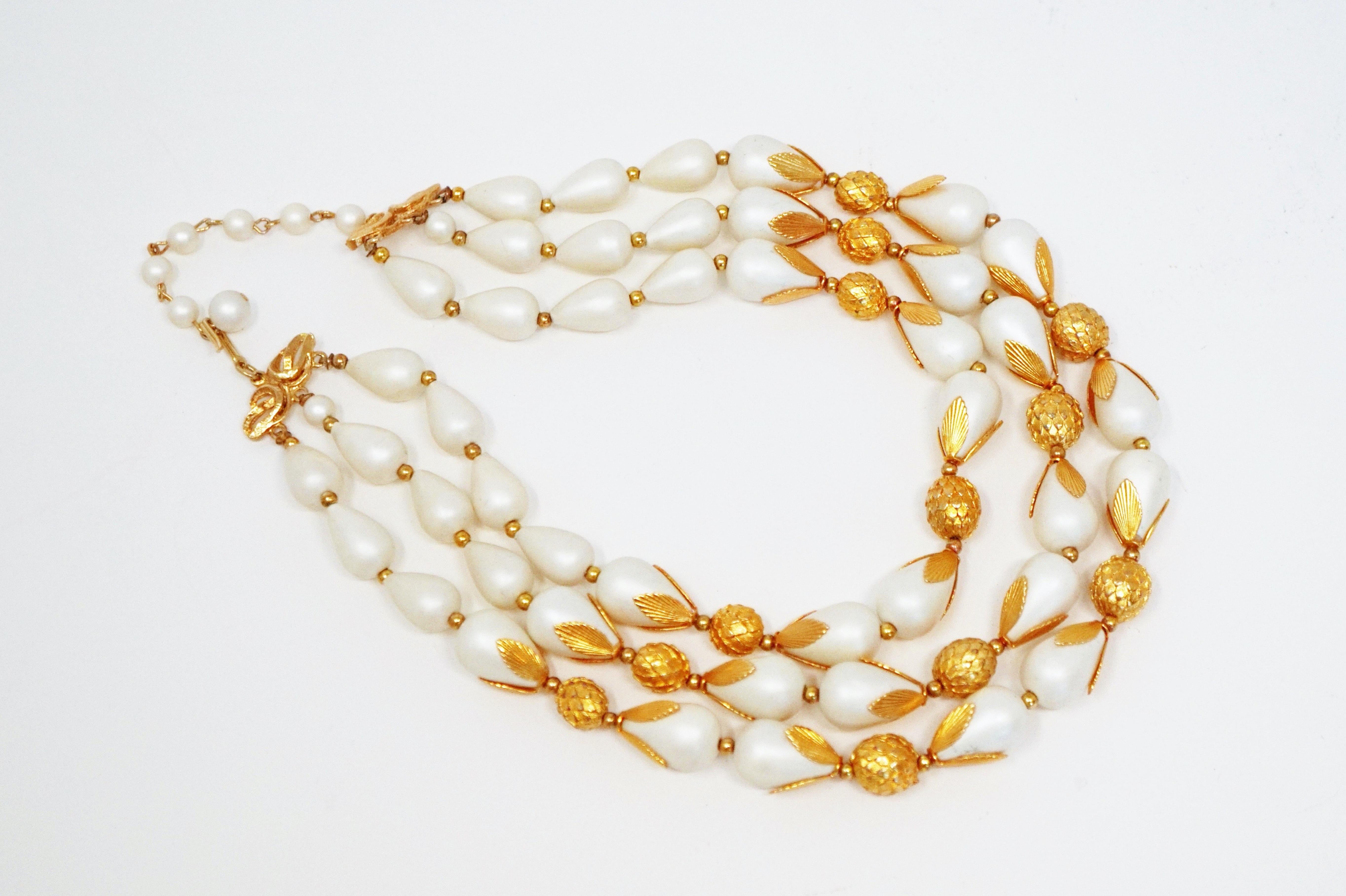 Triple Strand Gilt Costume Statement Necklace by Deauville, Signed, circa 1950 For Sale 3