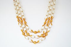 Triple Strand Gilt Costume Statement Necklace by Deauville, Signed, circa 1950