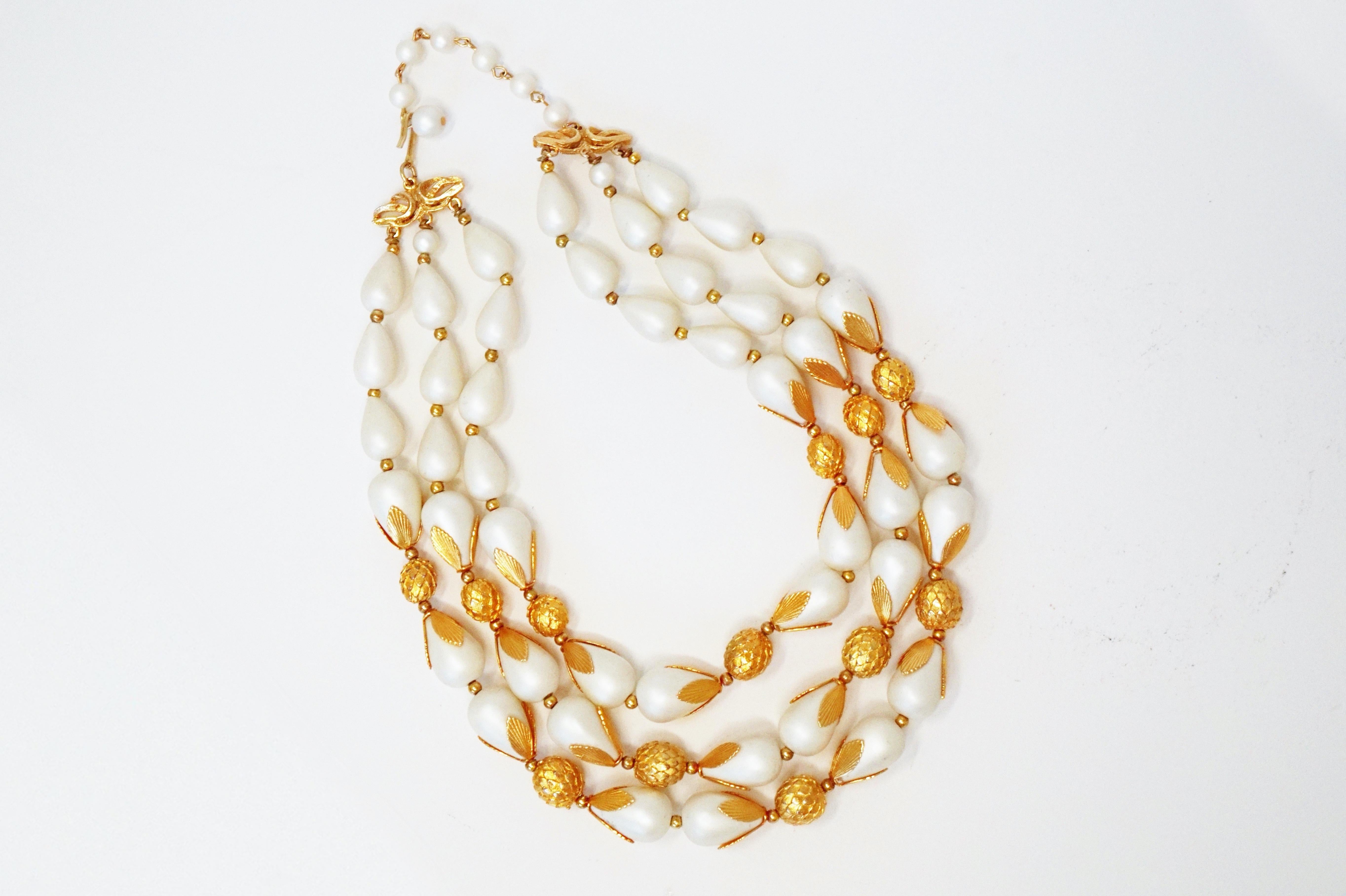 Triple Strand Gilt Costume Statement Necklace by Deauville, Signed, circa 1950 In Good Condition For Sale In McKinney, TX