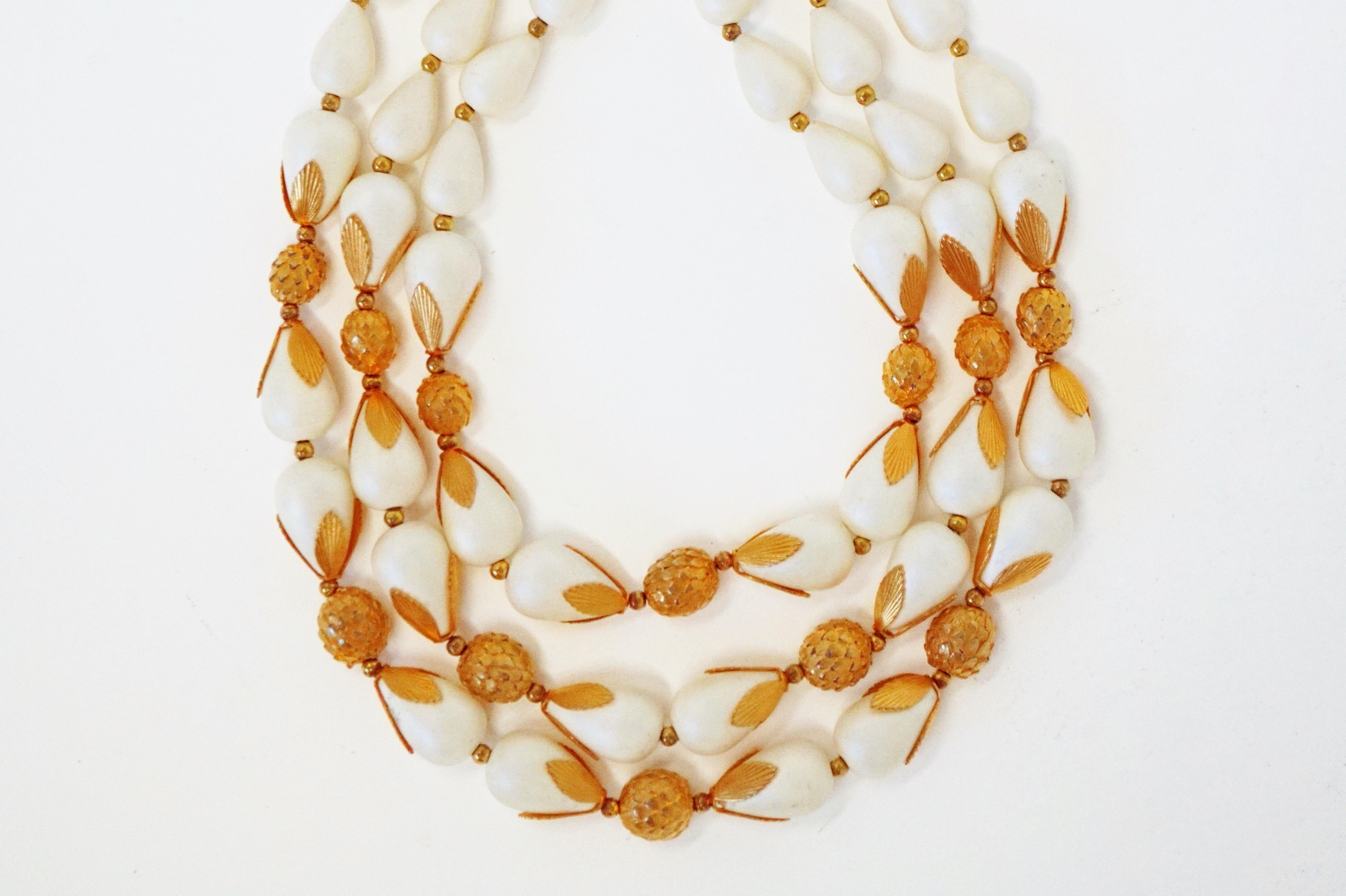 Women's Triple Strand Gilt Costume Statement Necklace by Deauville, Signed, circa 1950 For Sale